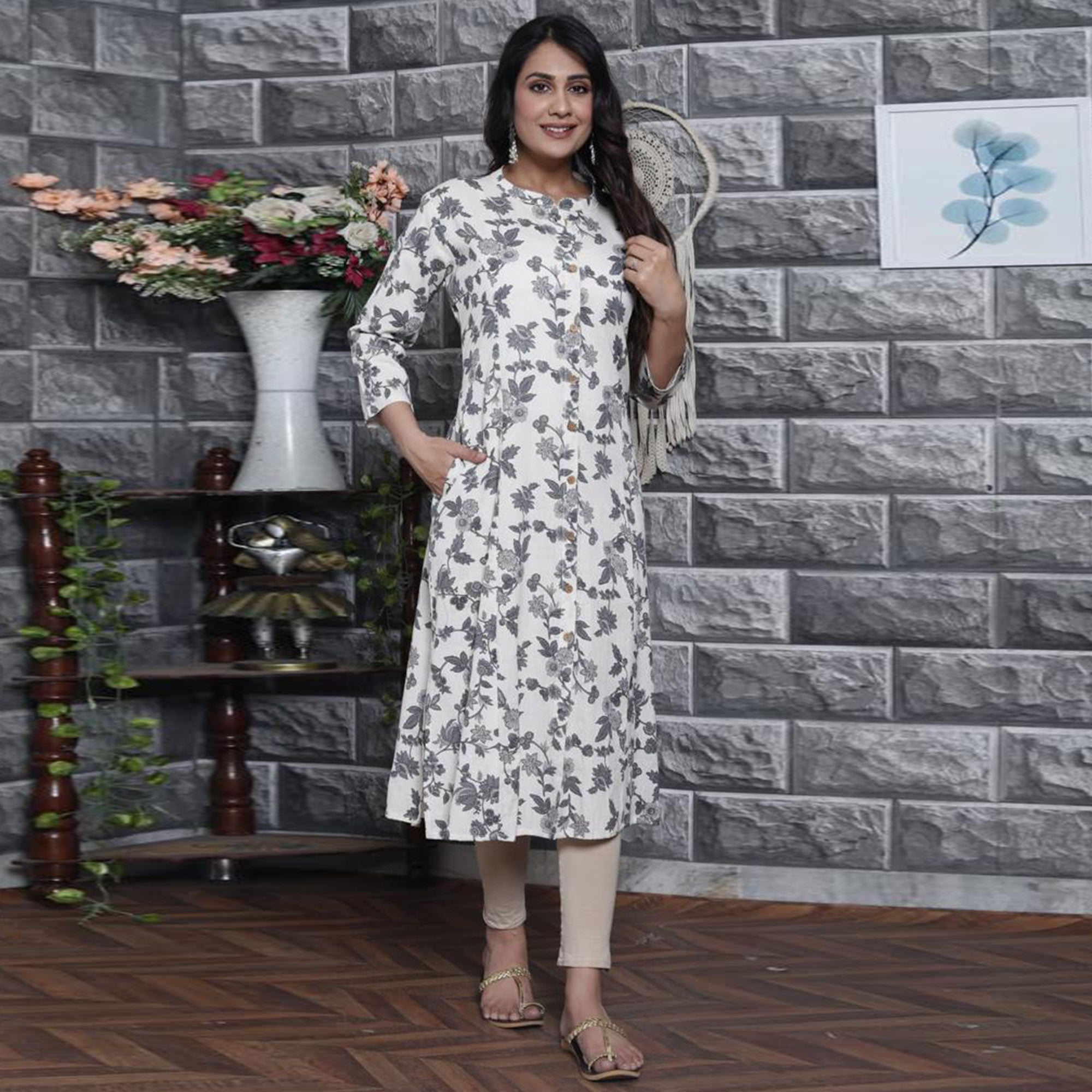 White Grey Floral Printed Cotton Kurti
