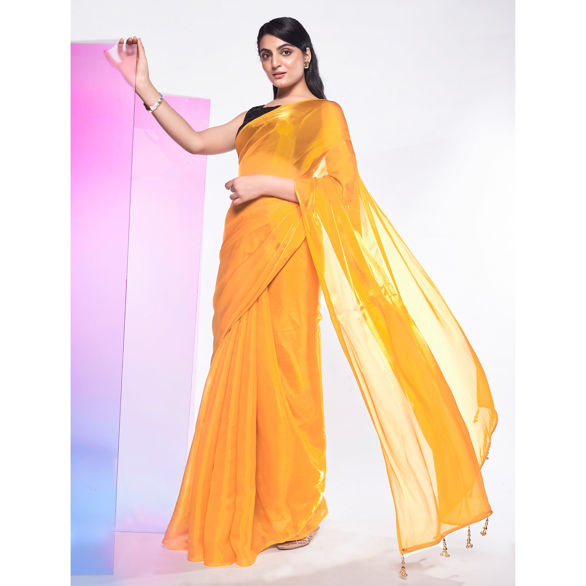 Mustard Solid Organza Saree With Tassels