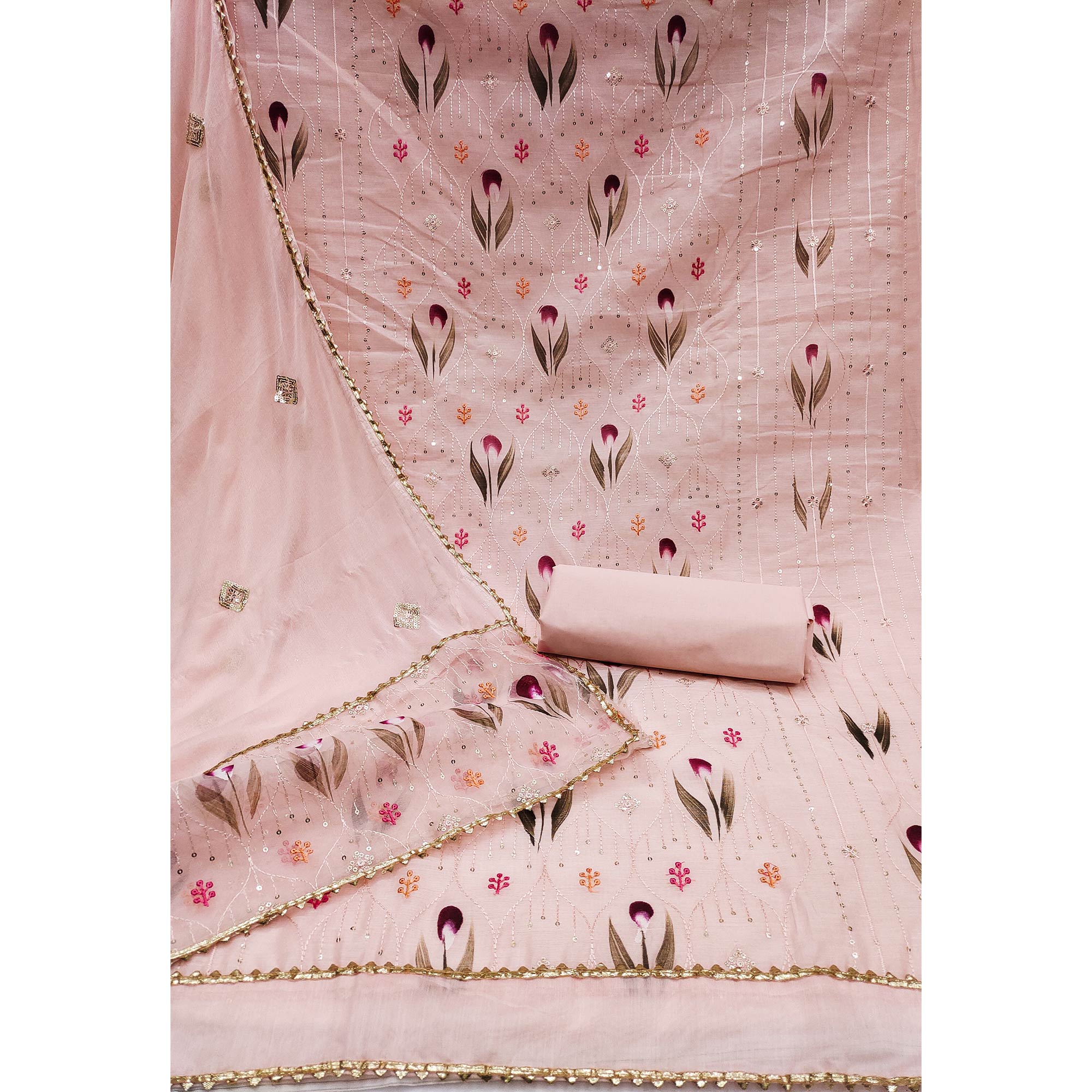 Peach Sequins  Embroidered Chanderi Dress Material