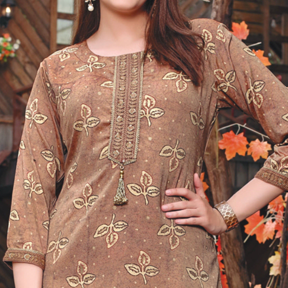 Brown Printed Muslin Kurti