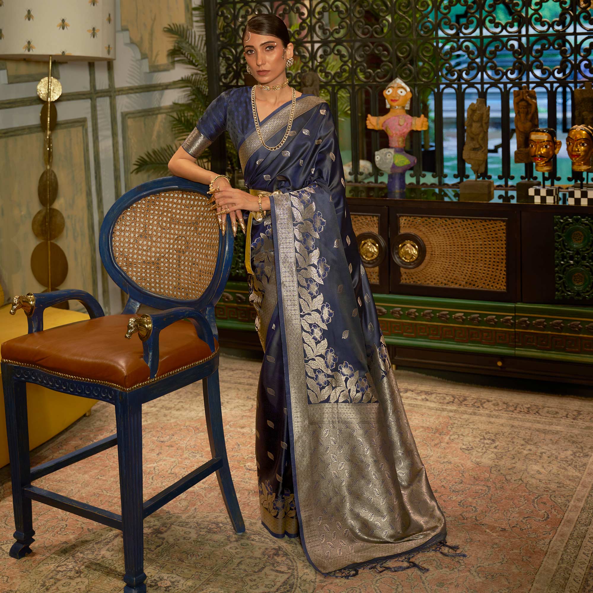 Navy Blue Woven Satin Saree With Tassels