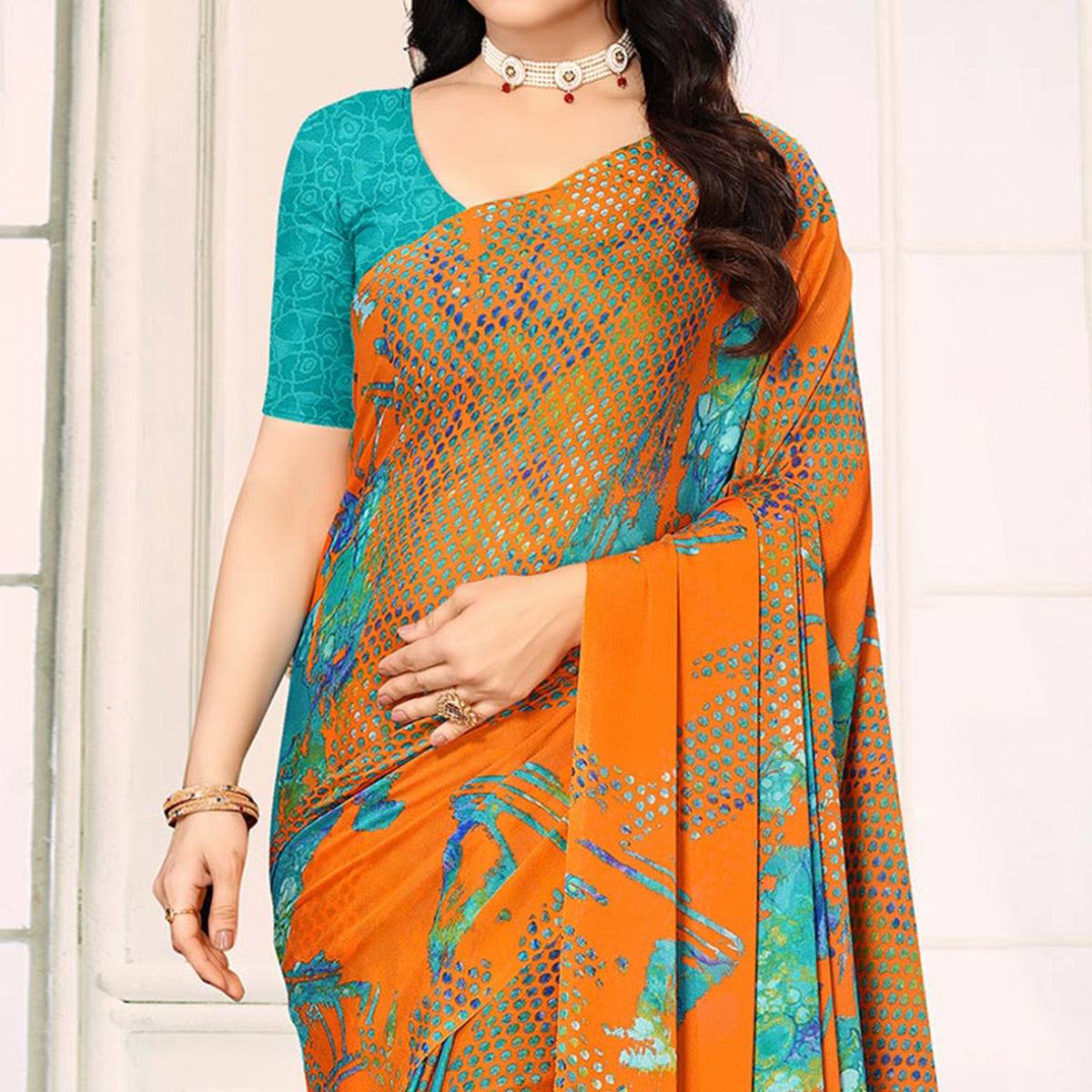 Orange Printed Georgette Saree