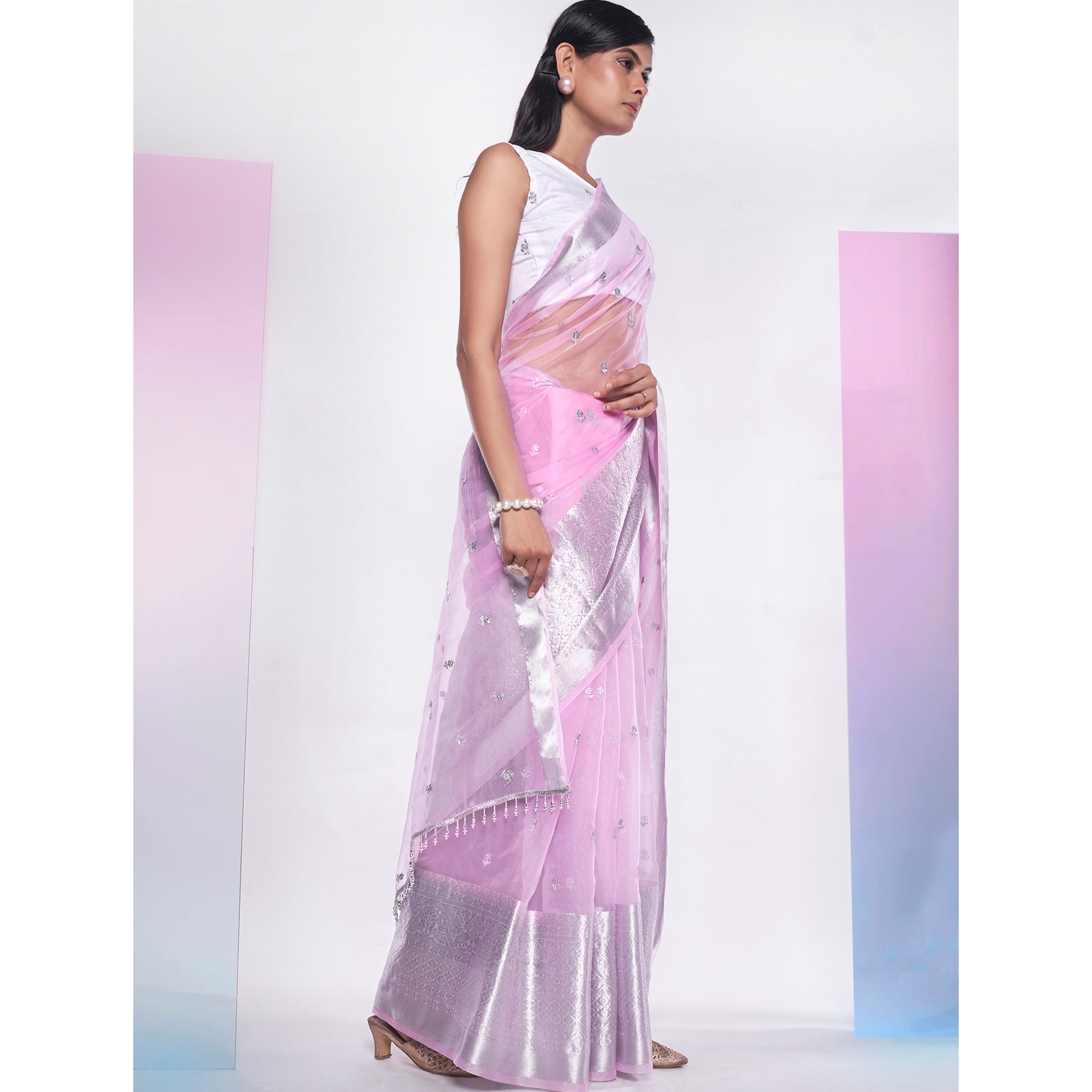 Light Pink Sequins Floral Embroidered Organza Saree