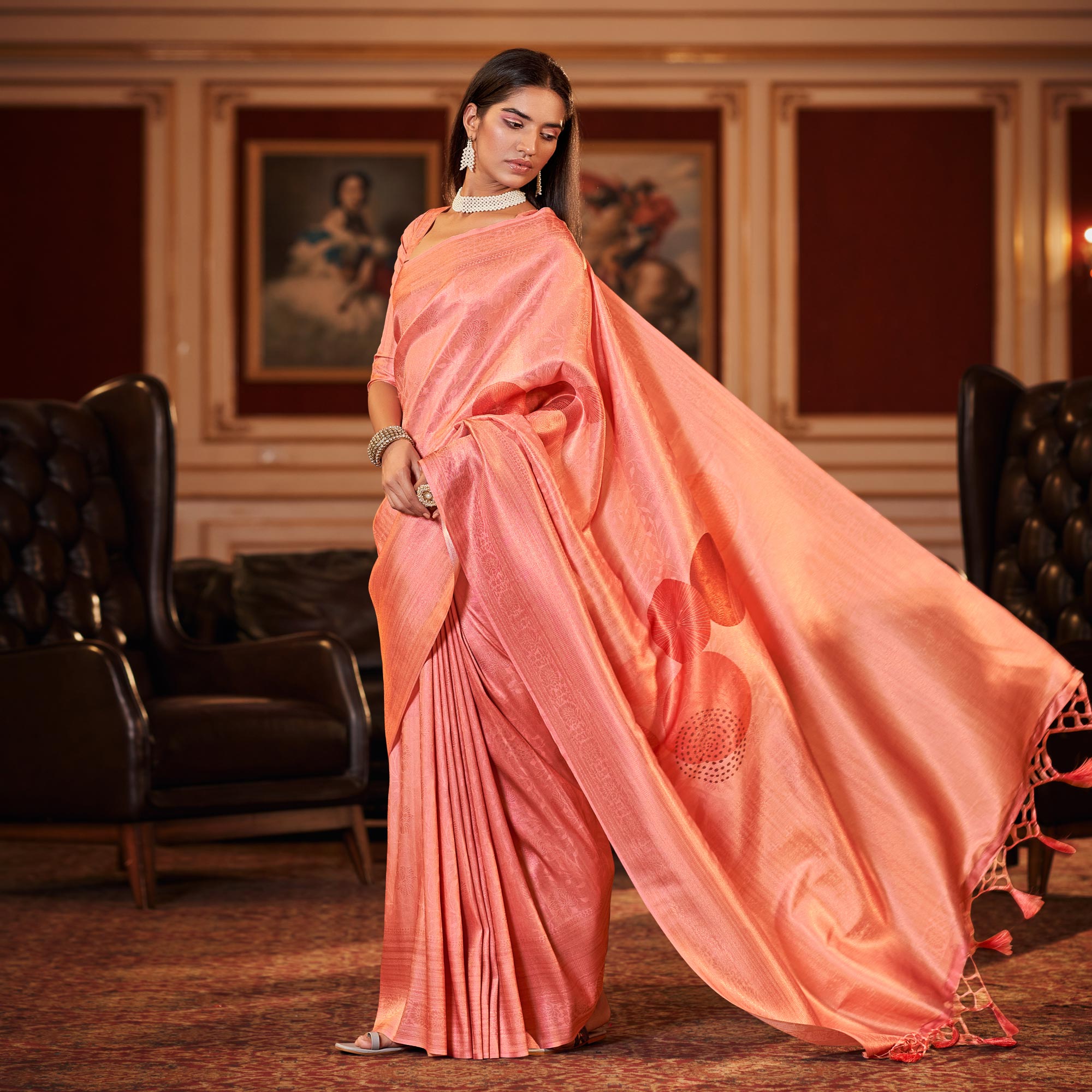 Salmon Pink Woven Jacquard Saree With Tassels