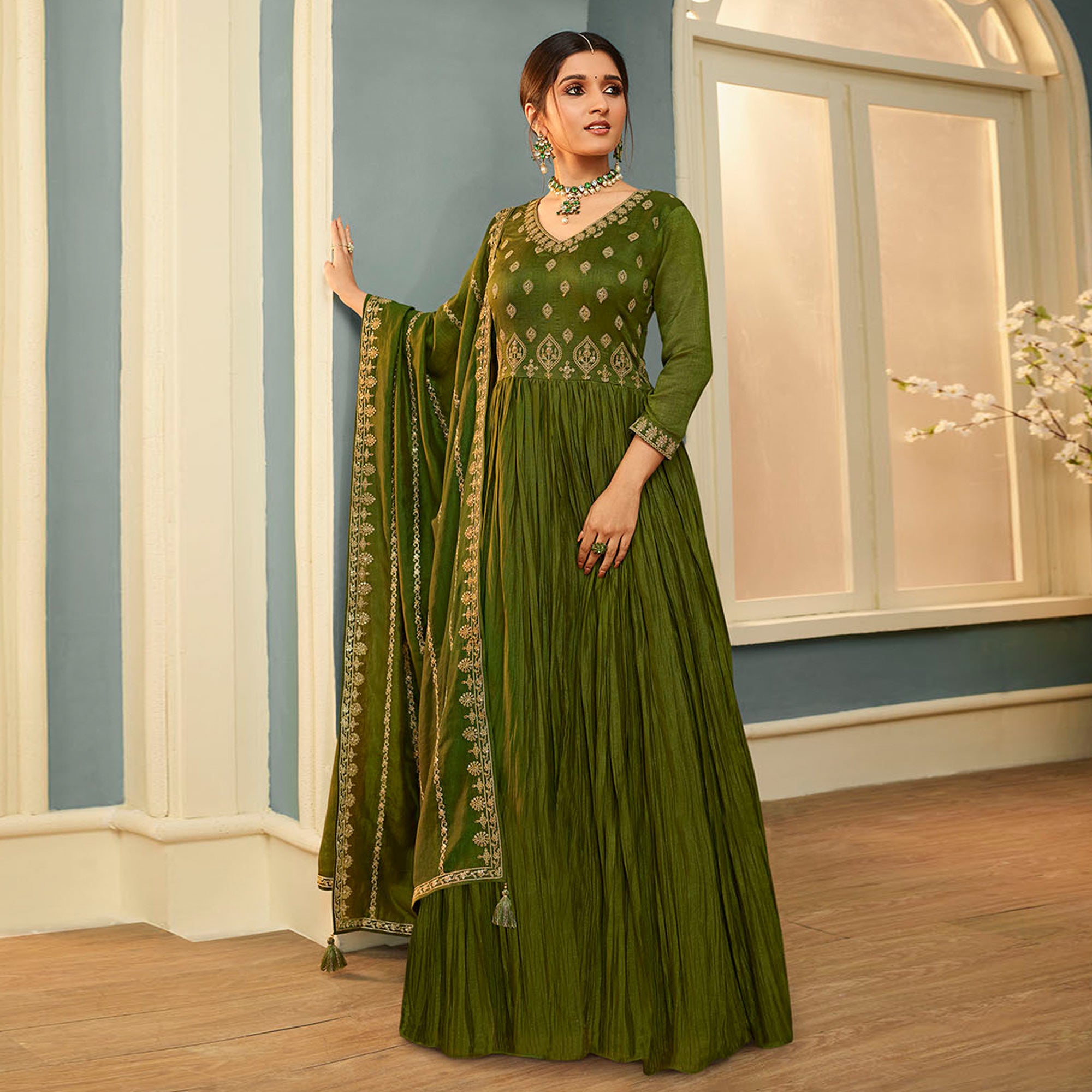 Olive Green Embroidered Georgette Gown