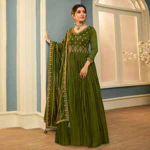 Olive Green Embroidered Georgette Gown