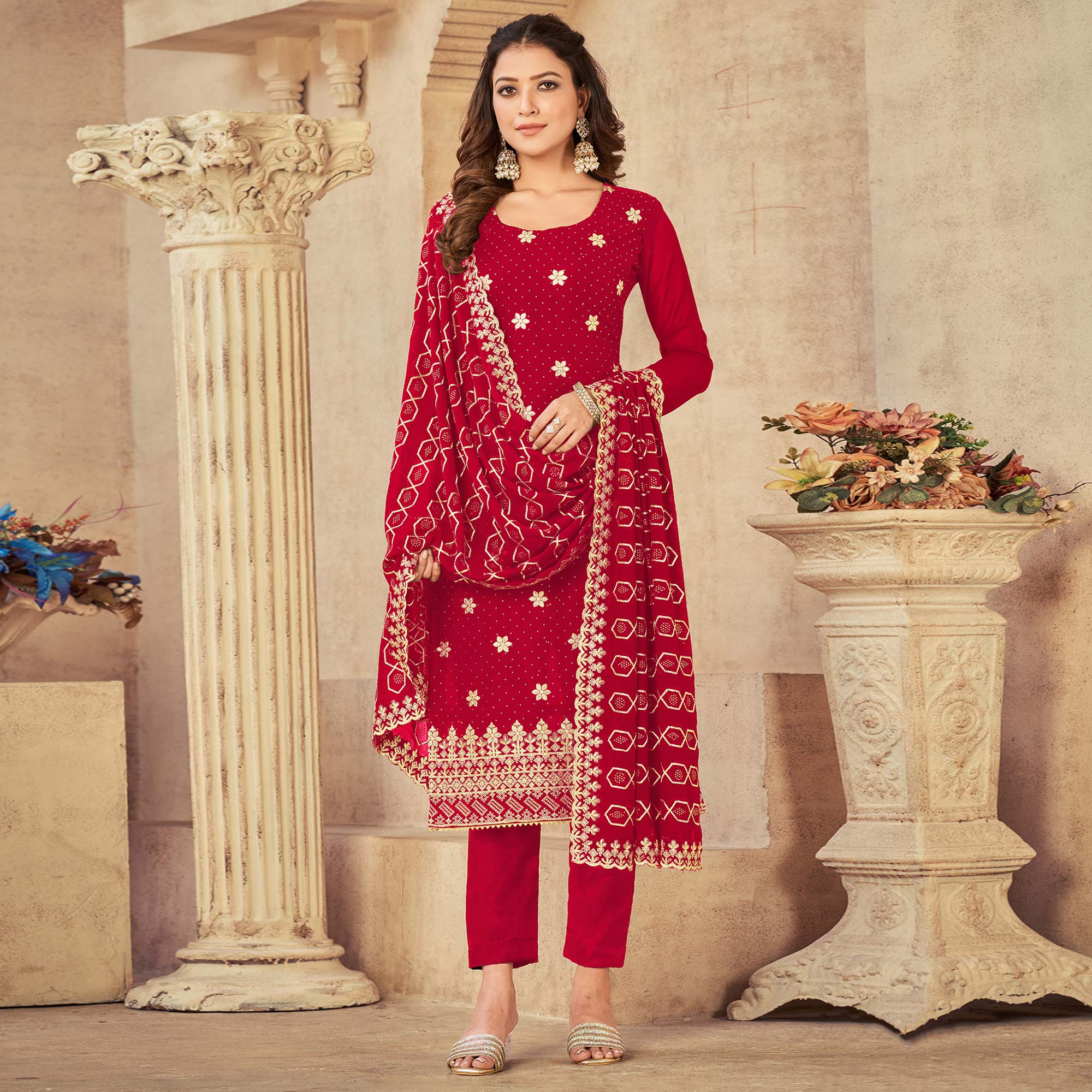 Red Embroidered Georgette Suit