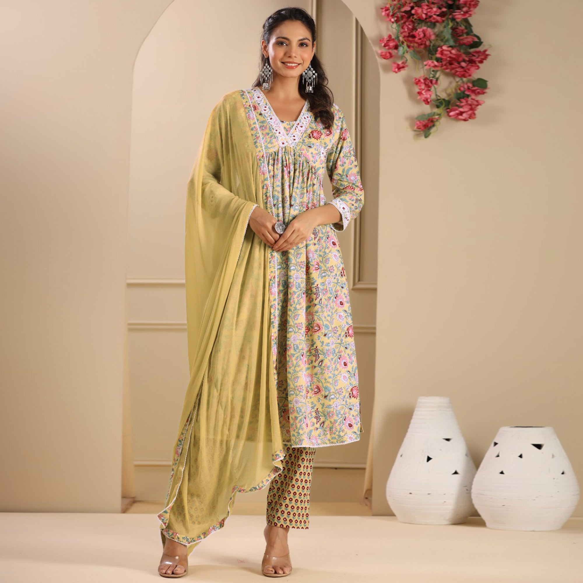 Mustard Floral Printed Pure Cotton Naira Cut Suit