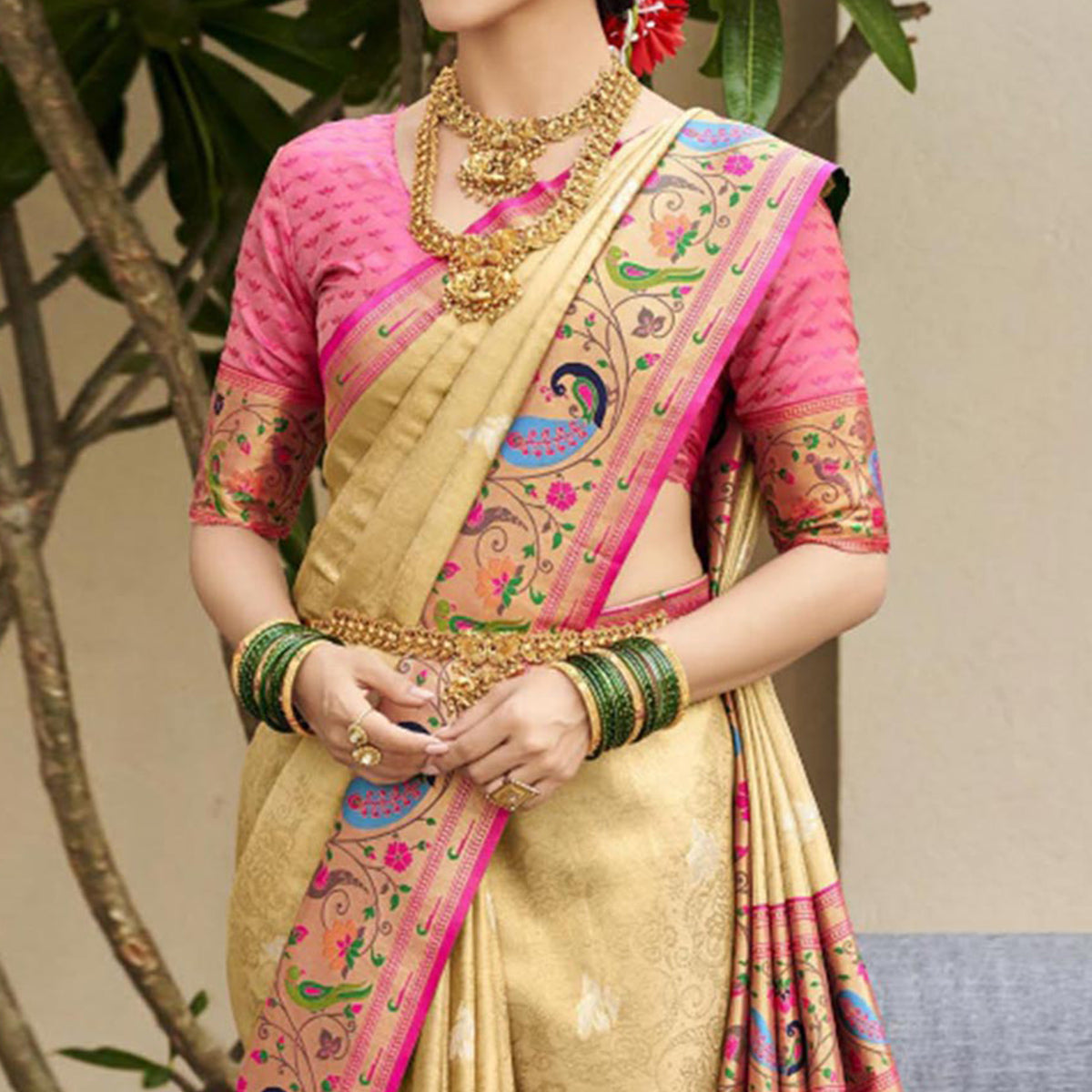 Beige Woven Kanjivaram Silk Paithani Saree With Tassels