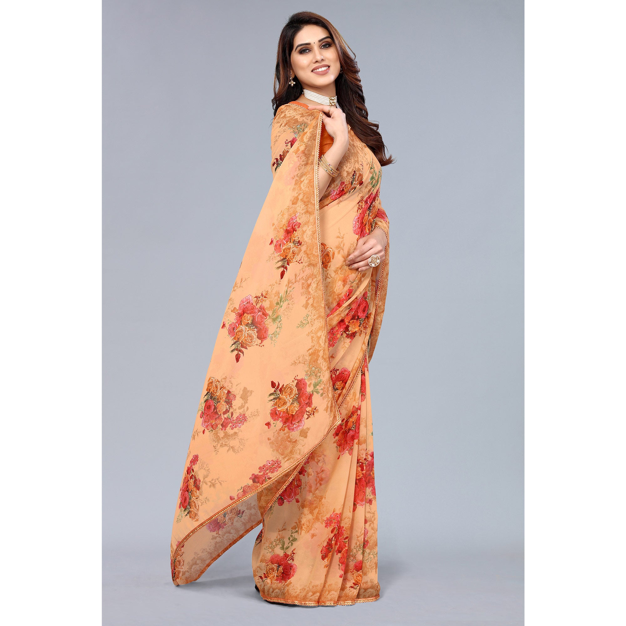 Orange Floral Printed Georgette Saree