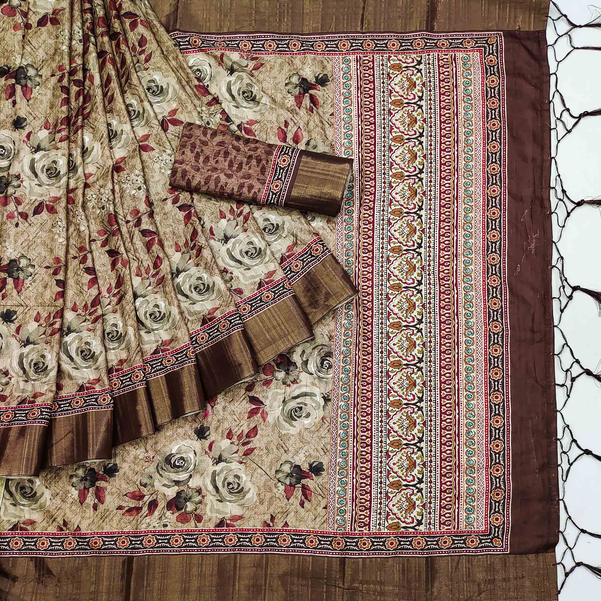 Light Brown Floral Printed Matka Tussar Saree With Tassels