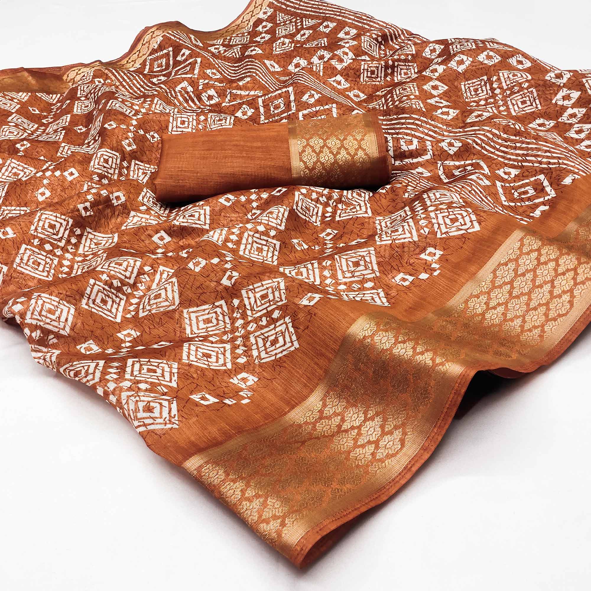 Rust Printed Cotton Silk Saree