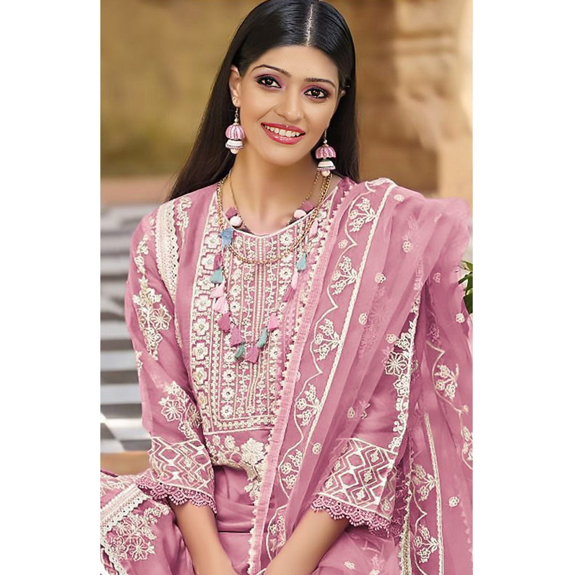 Pink Floral Embroidered Organza Pakistani Suit