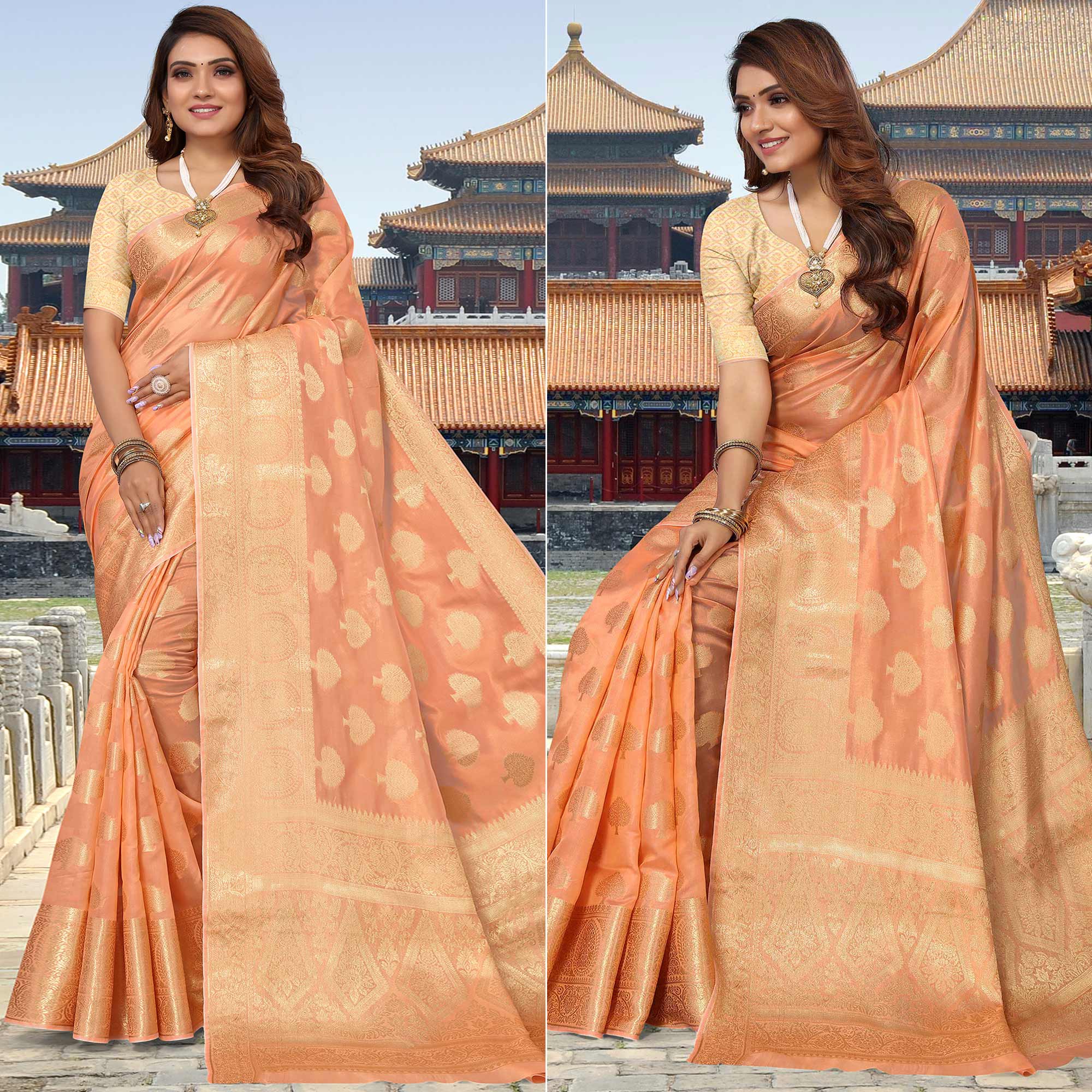 Peach Woven Organza Saree