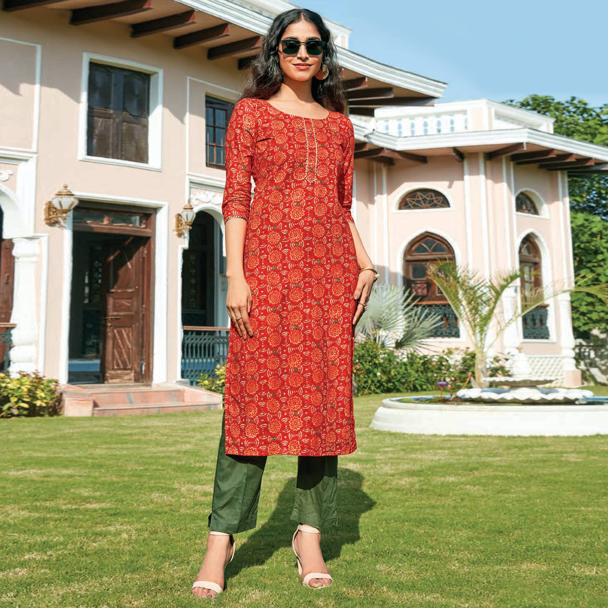 Orange Floral Printed Cotton Blend Kurti