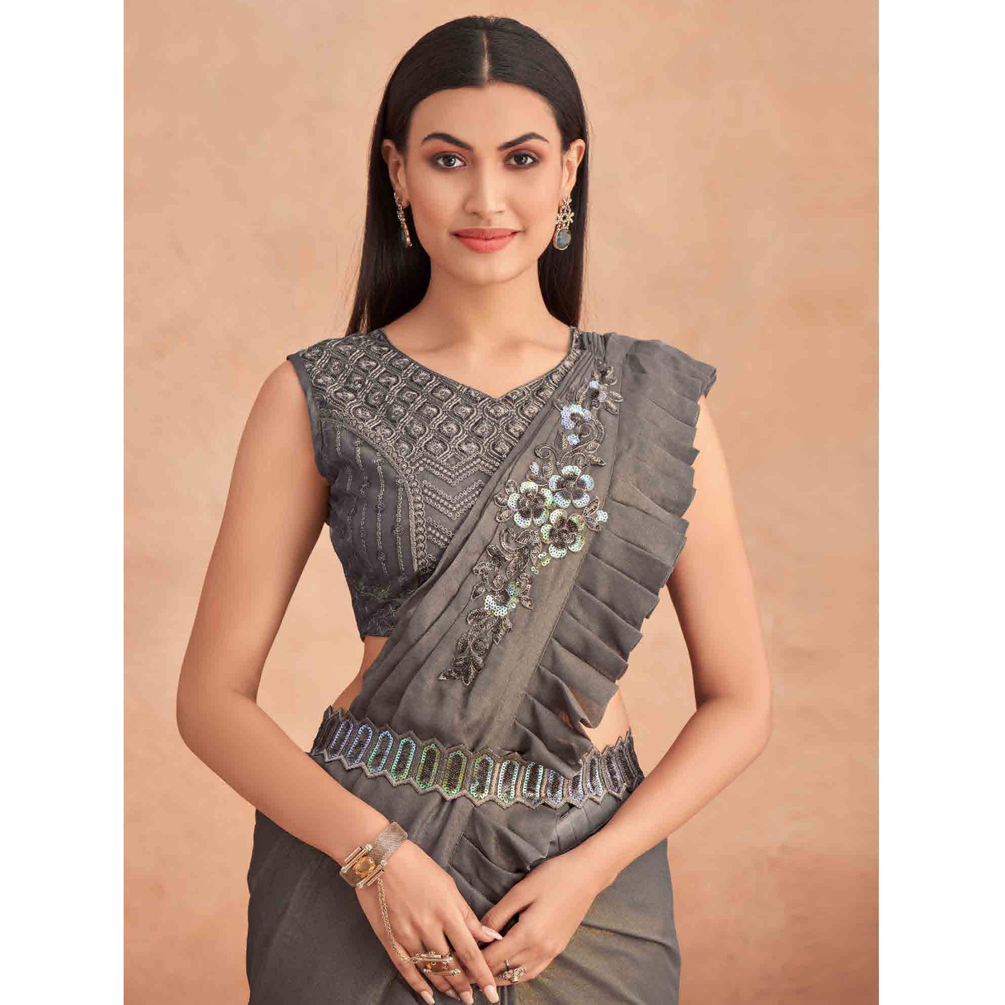 Grey Sequins Embroidered Ready to Wear Georgette Saree