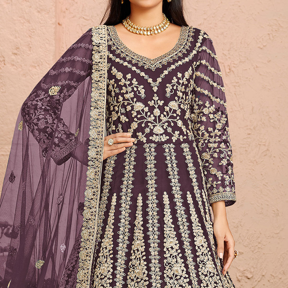 Mauve Floral Embroidered Net Gown