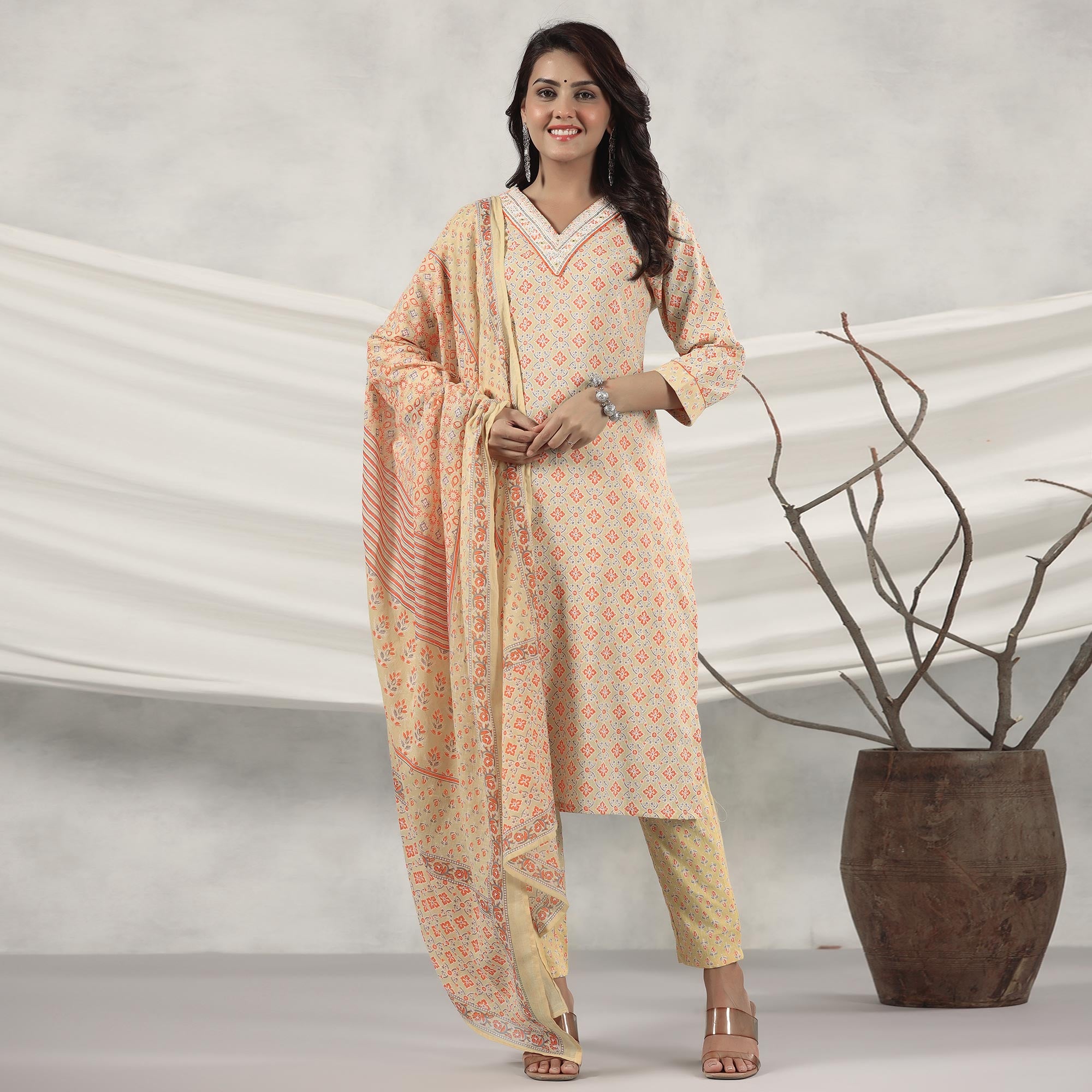 Yellow Jaipuri Printed Pure Cotton Suit