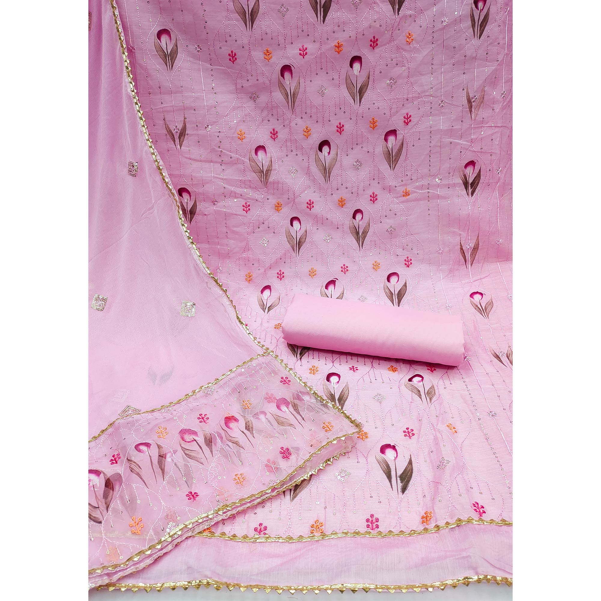 Pink Sequins Embroidered Chanderi Dress Material