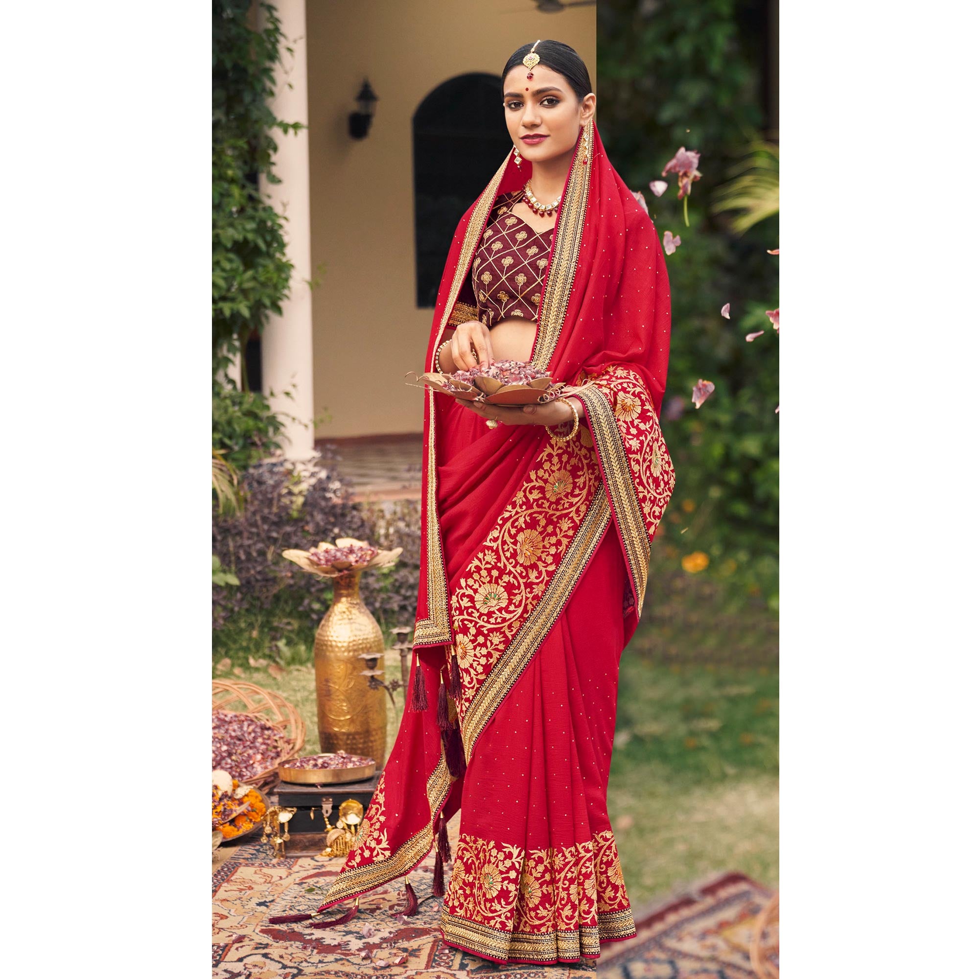 Red Embroidered With Stone Work Vichitra Silk Saree