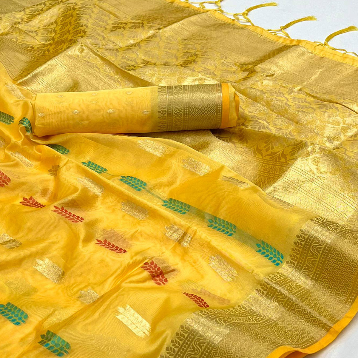Yellow Floral Woven Organza Saree