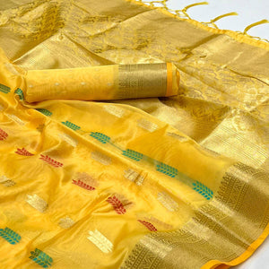Yellow Floral Woven Organza Saree