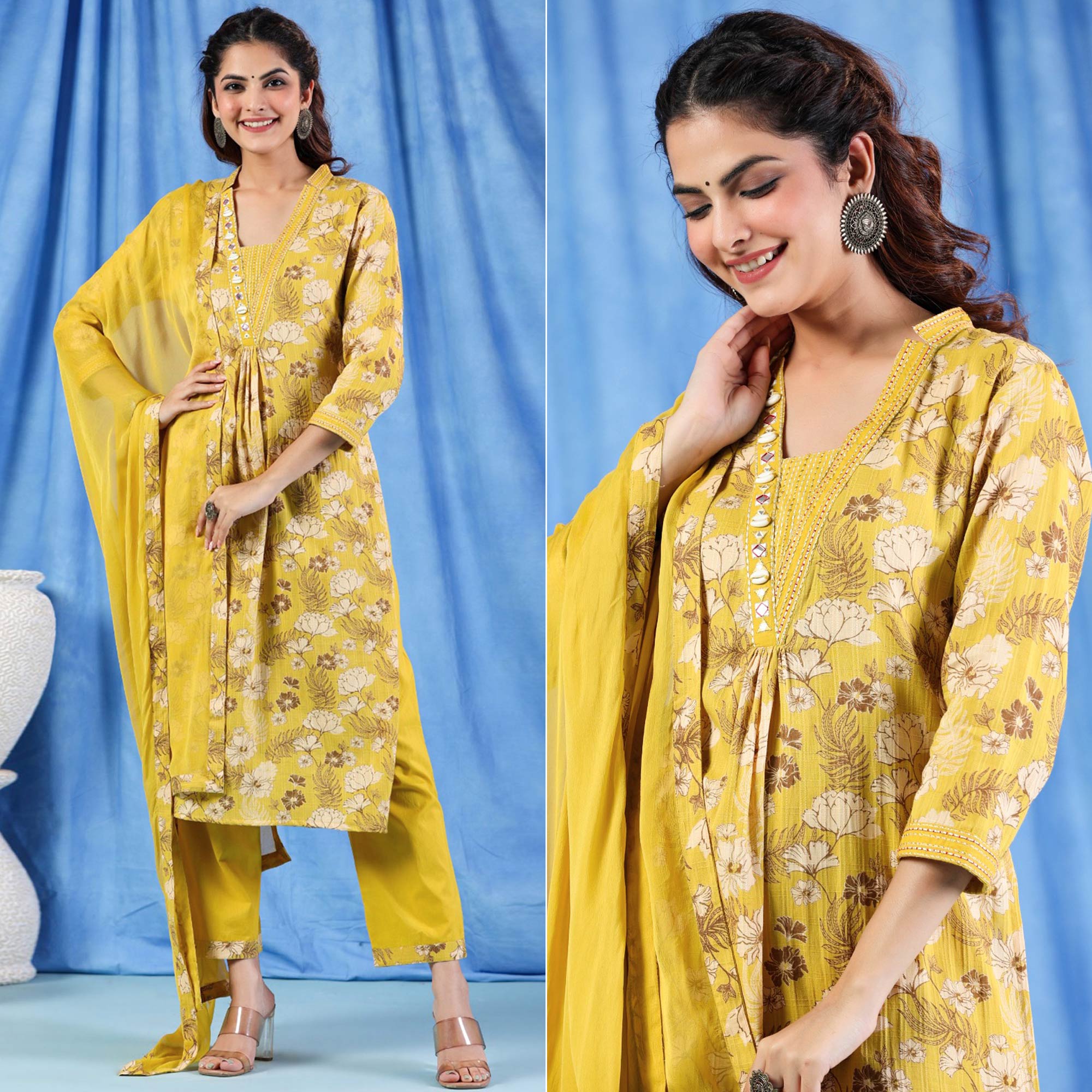 Yellow Floral Printed Pure Cotton Suit