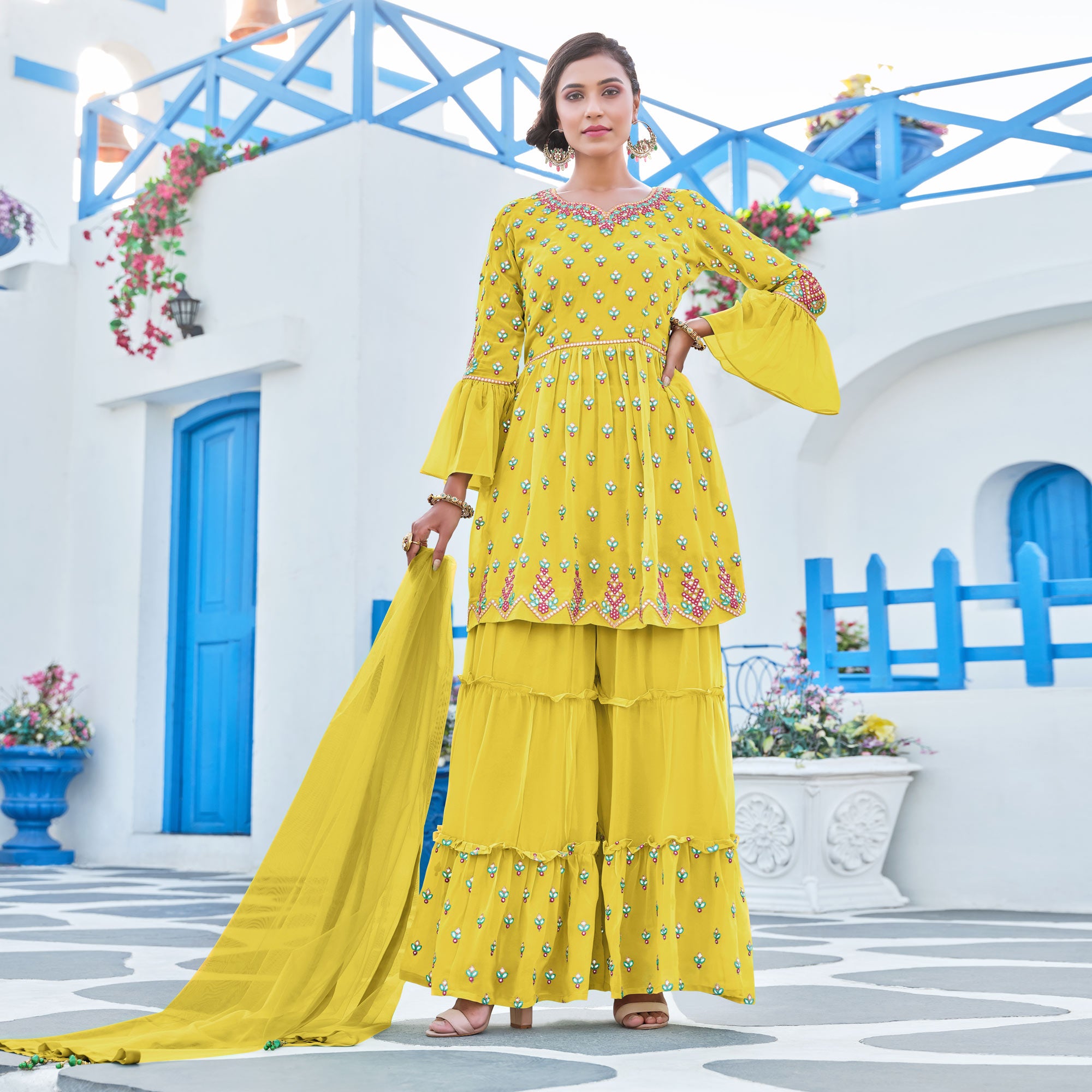 Yellow Floral Embroidered Georgette Sharara Suit