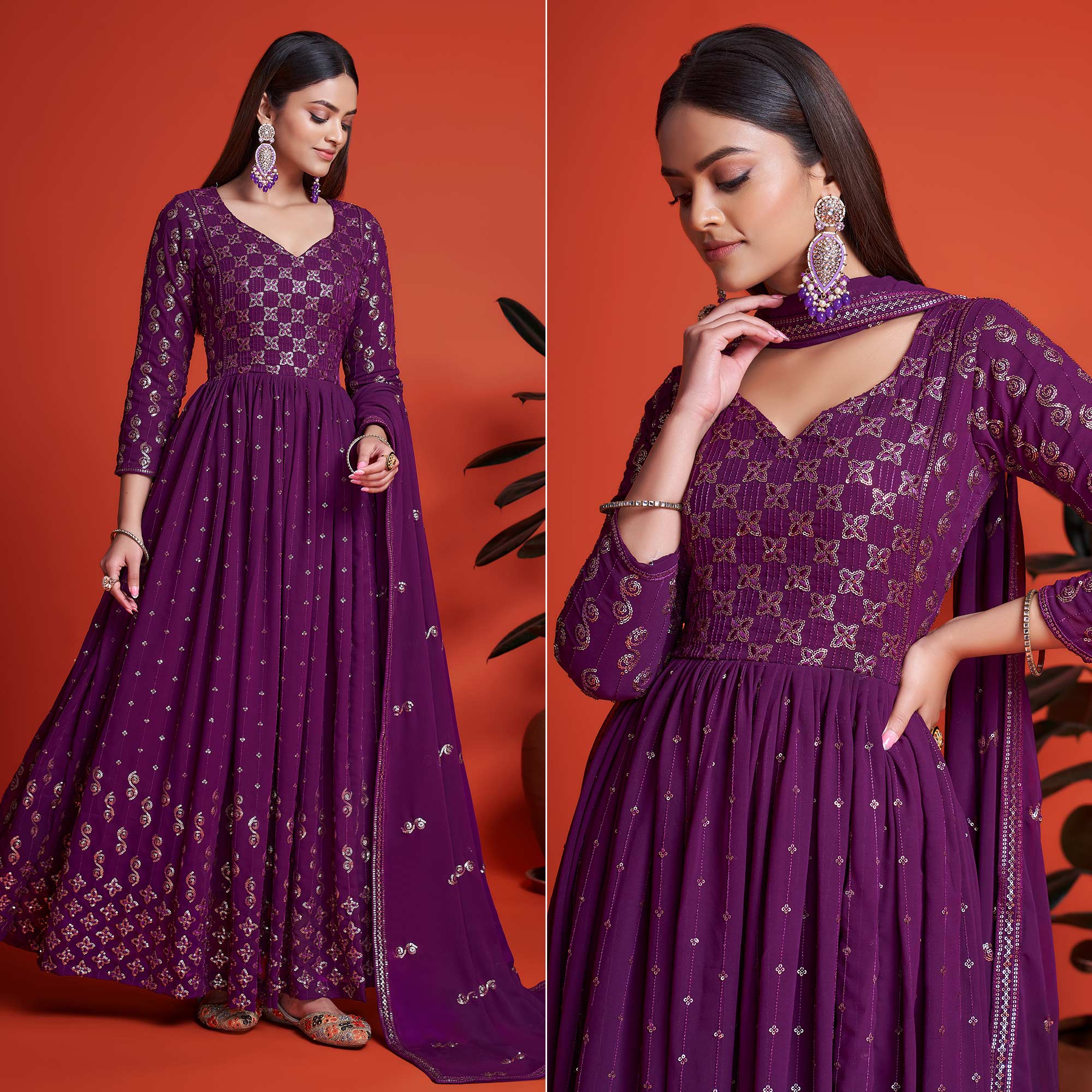 Purple Sequins Embroidered Georgette Gown With Dupatta