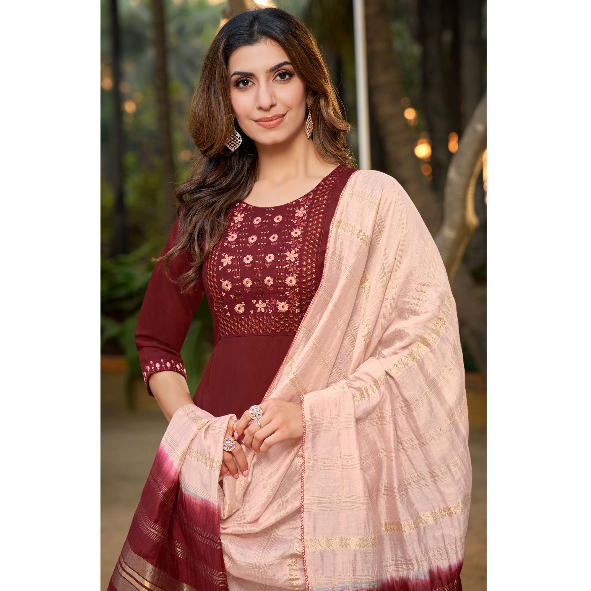 Maroon Floral Embroidered Pure Silk Naira Cut Suit