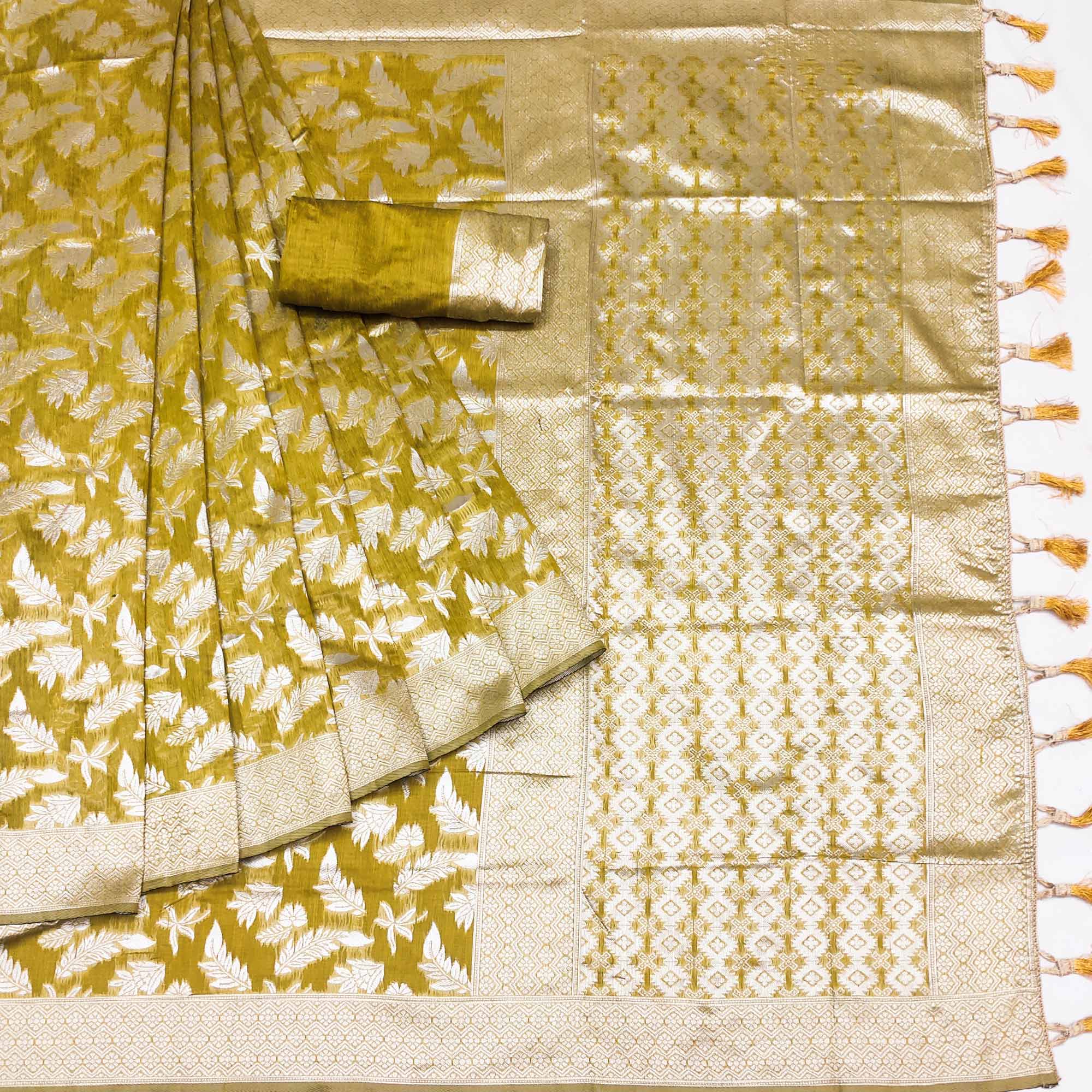 Mehendi Green Woven Cotton Silk Saree With Tassels