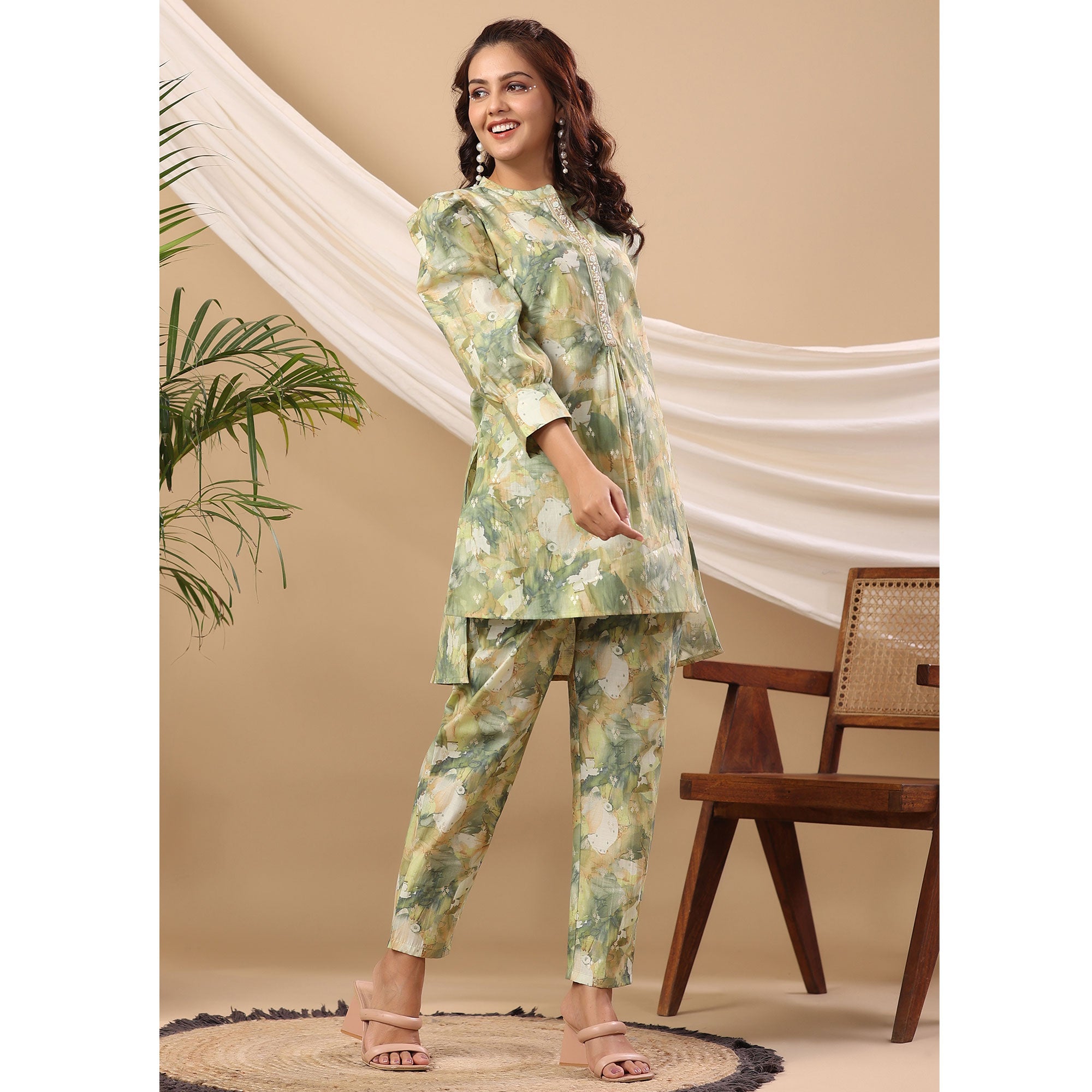 Green Floral Printed Cotton Silk Co Ord Set