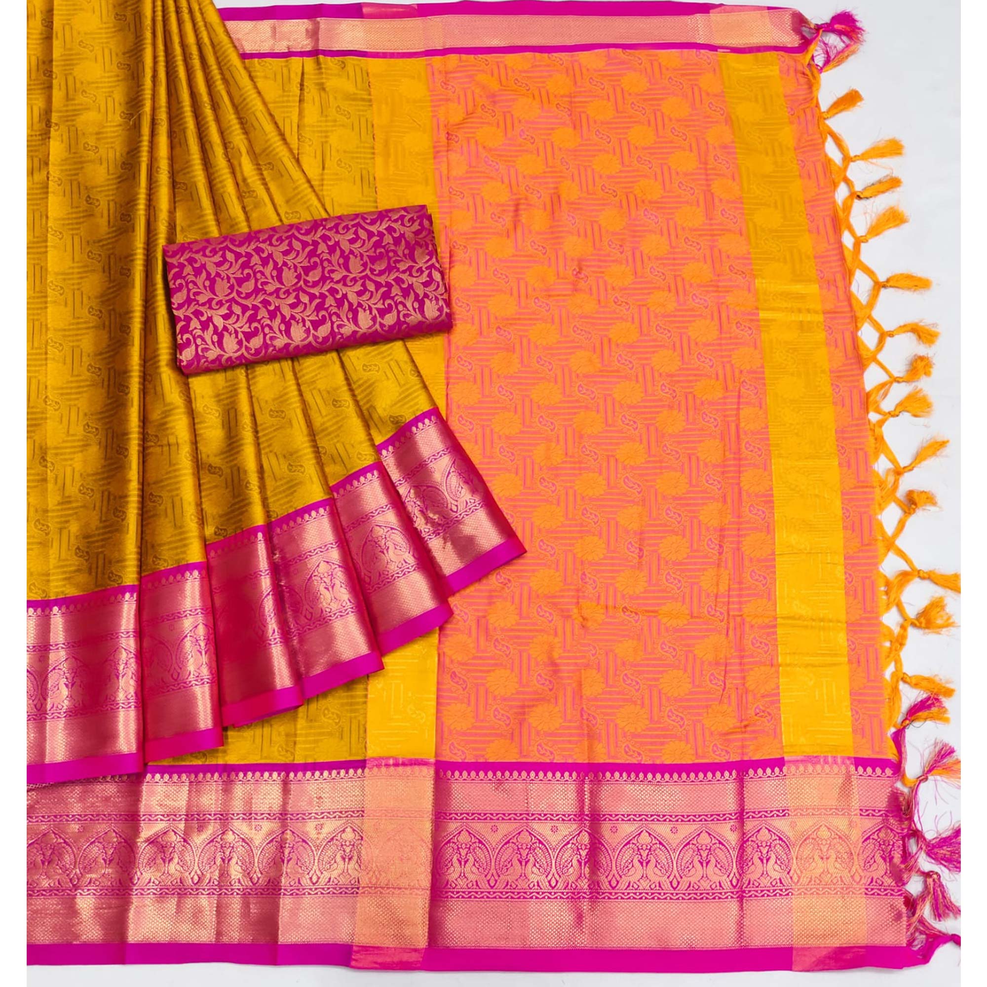 Golden Woven Cotton Silk Saree With Tassels