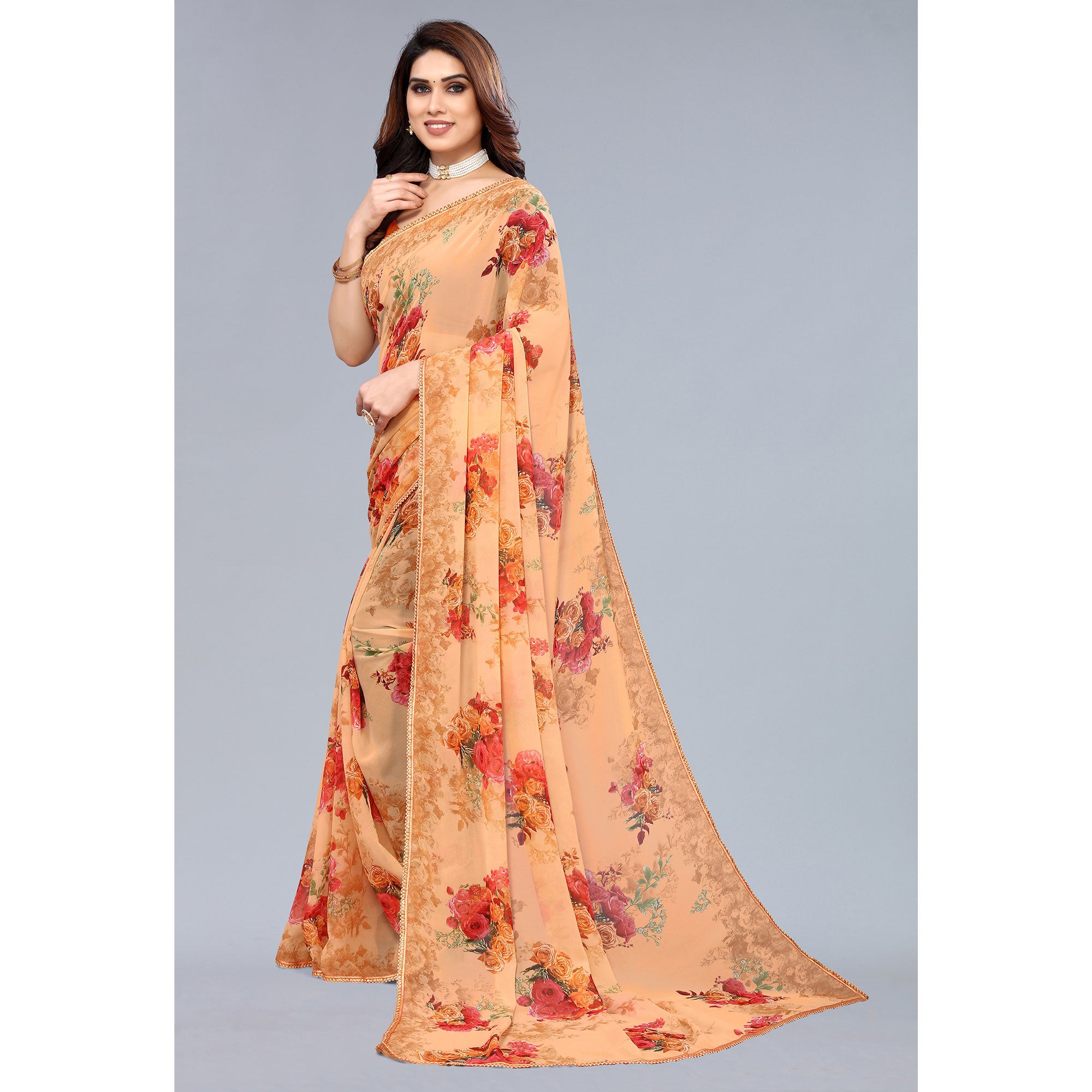 Orange Floral Printed Georgette Saree