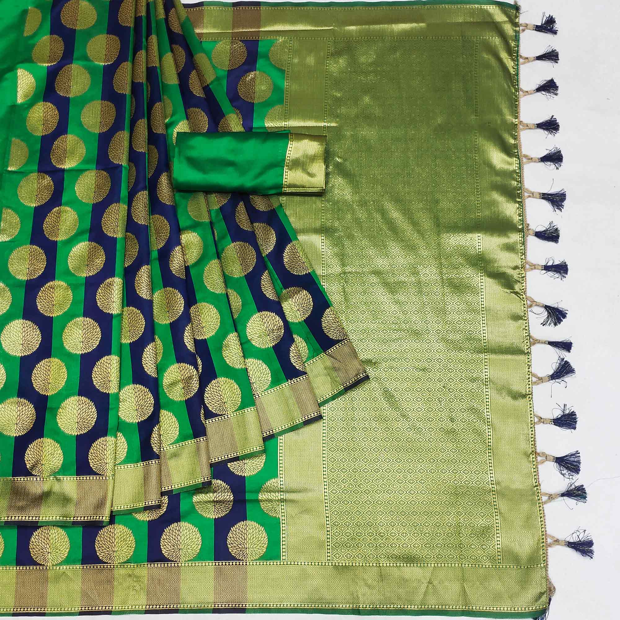 Green And Blue Woven Jacquard Saree With Tassels