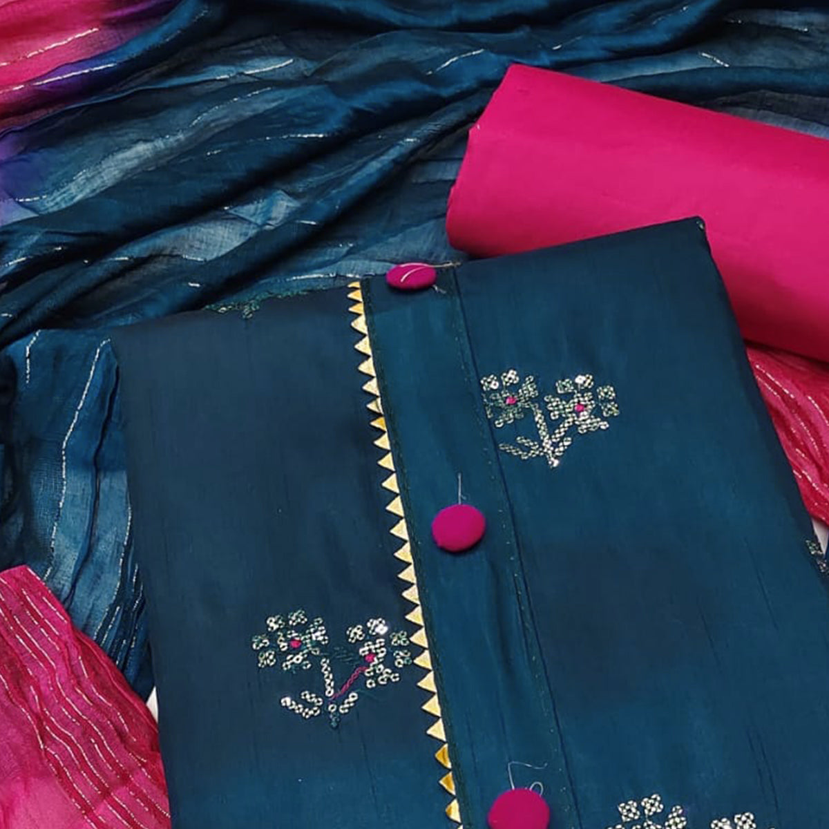 Blue Floral Sequins Embroidered Art Silk Dress Material