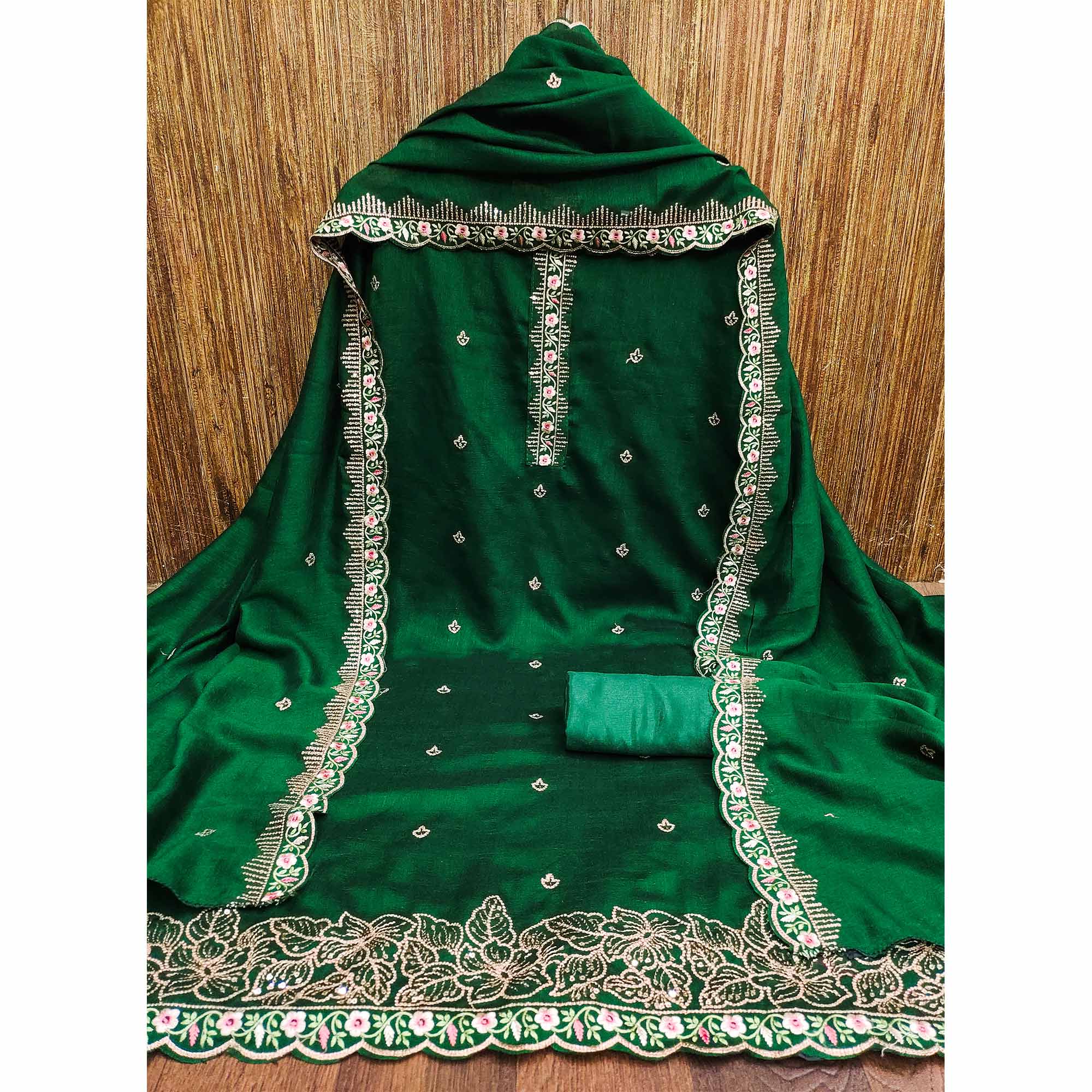 Bottle Green Floral Embroidered Vichitra Silk Dress Material