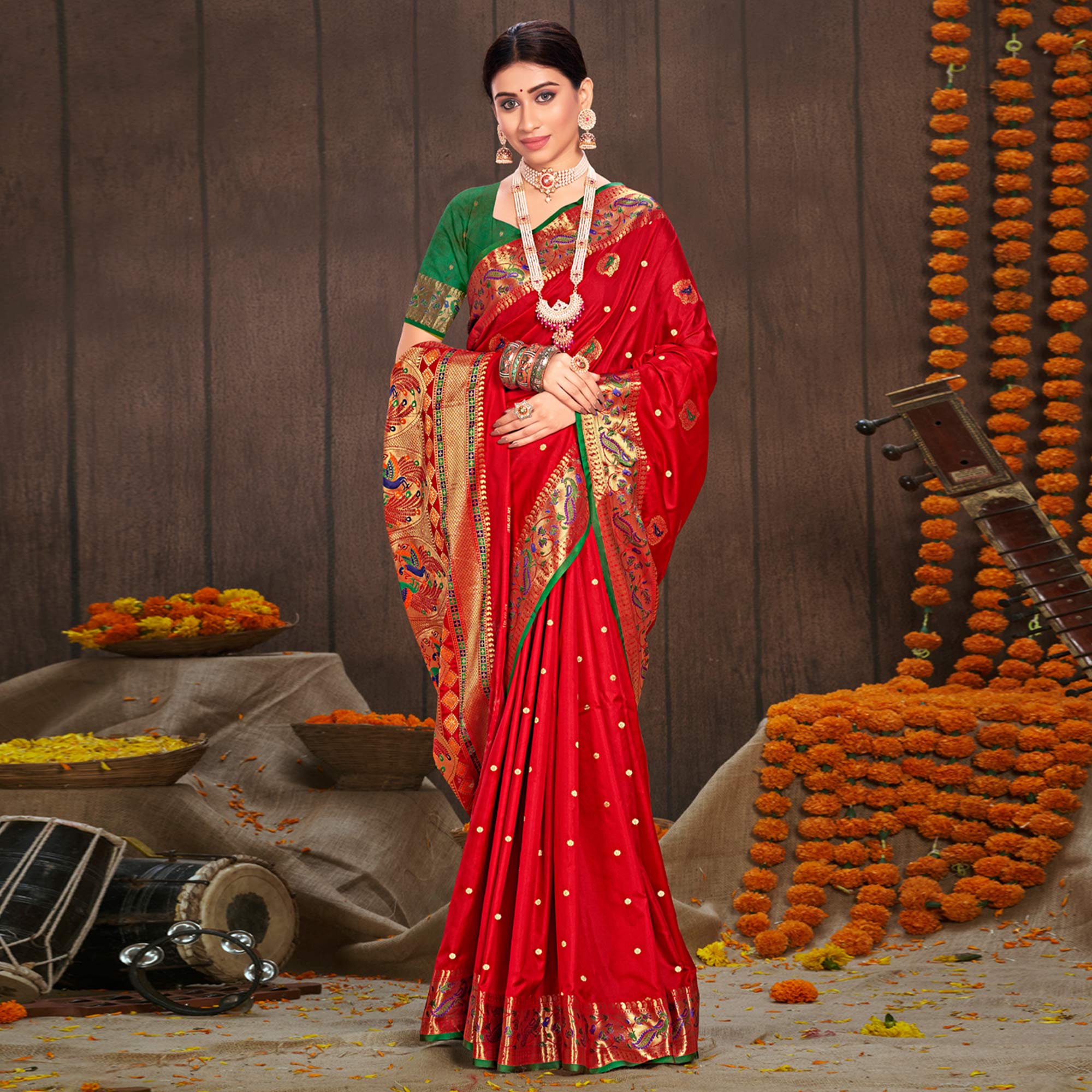 Red Woven Cotton Silk Paithani Saree