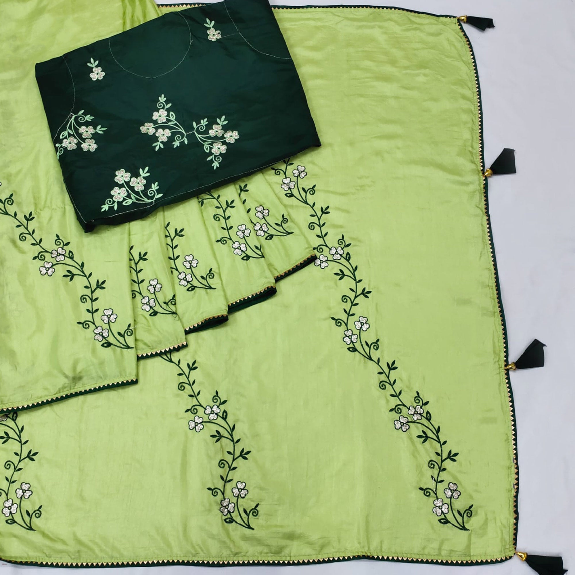 Pista Green Floral Embroidered Dola Silk Saree