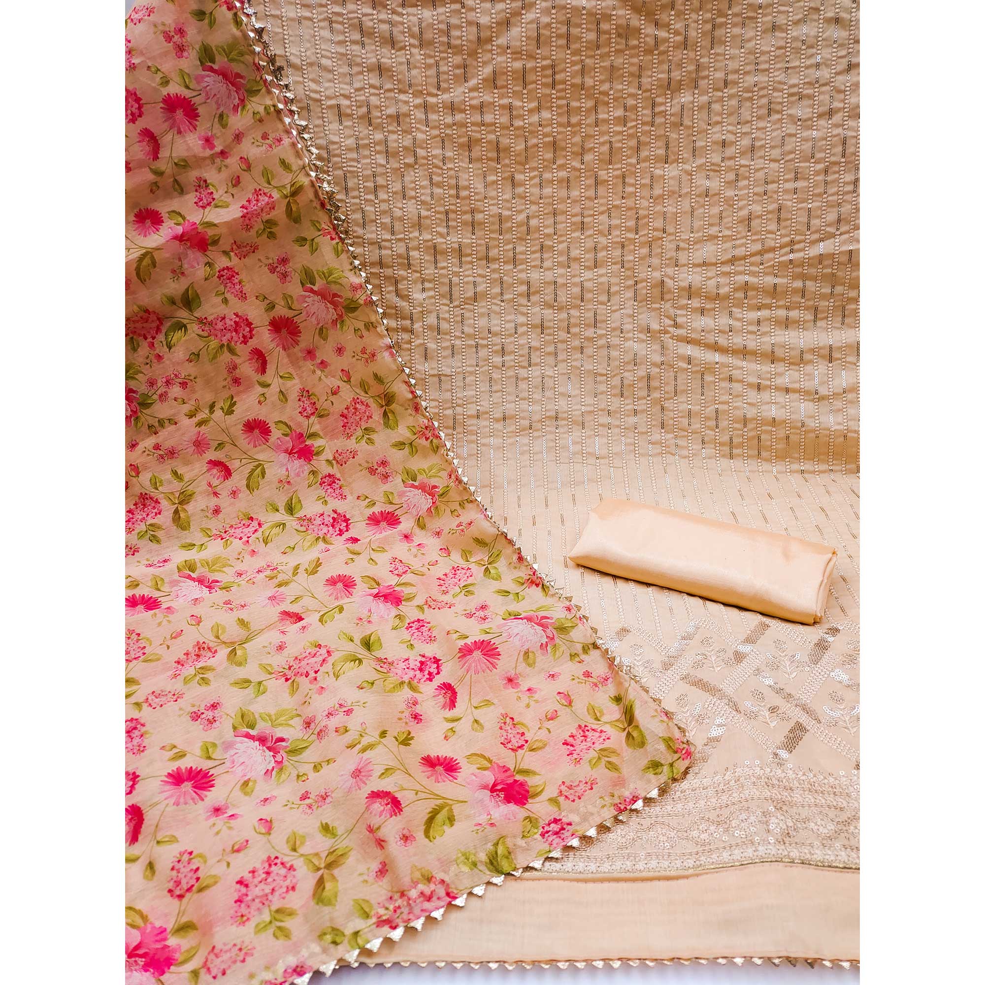 Peach Sequins Embroidered Chanderi Dress Material