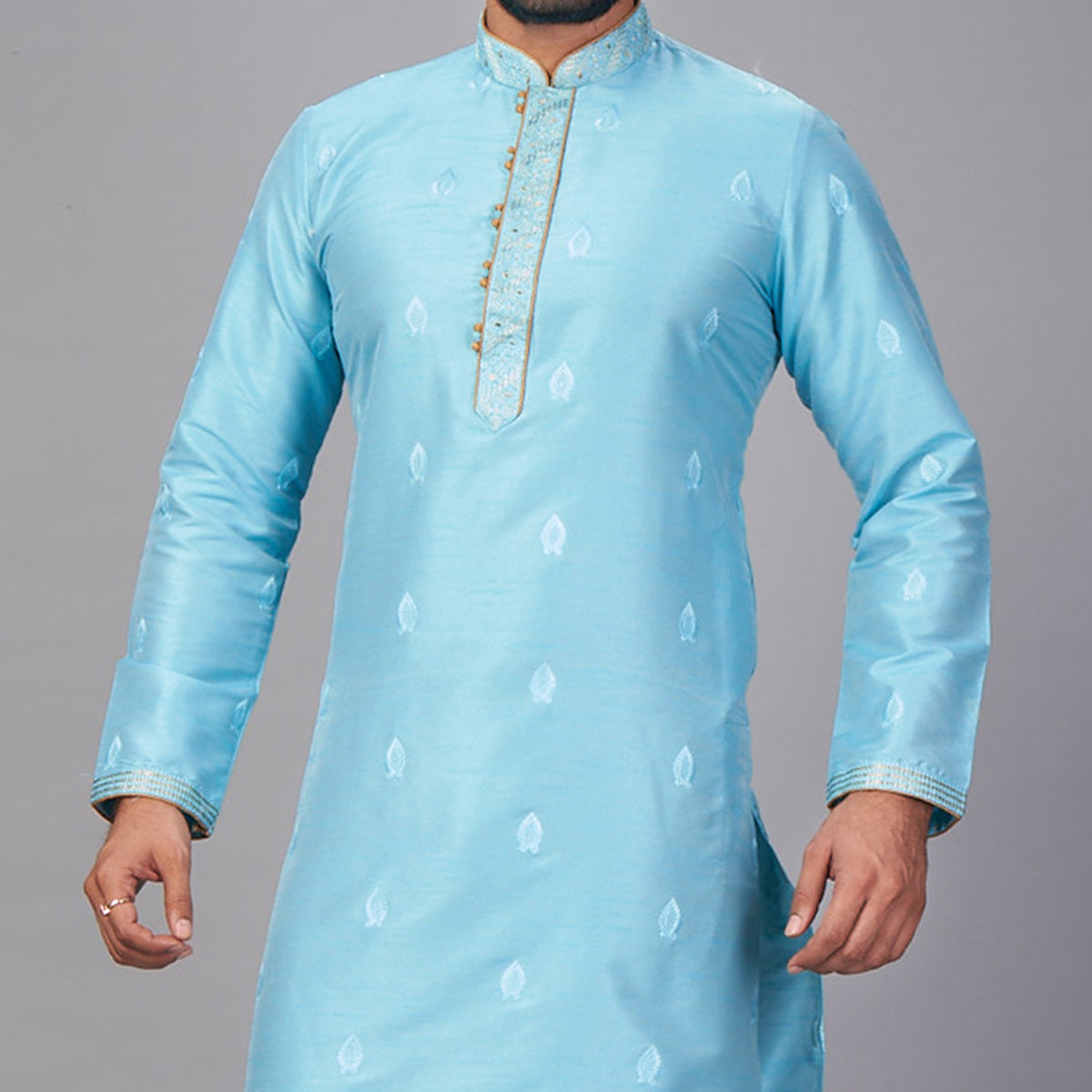 Blue Embroidered Jacquard Kurta Pyjama Set