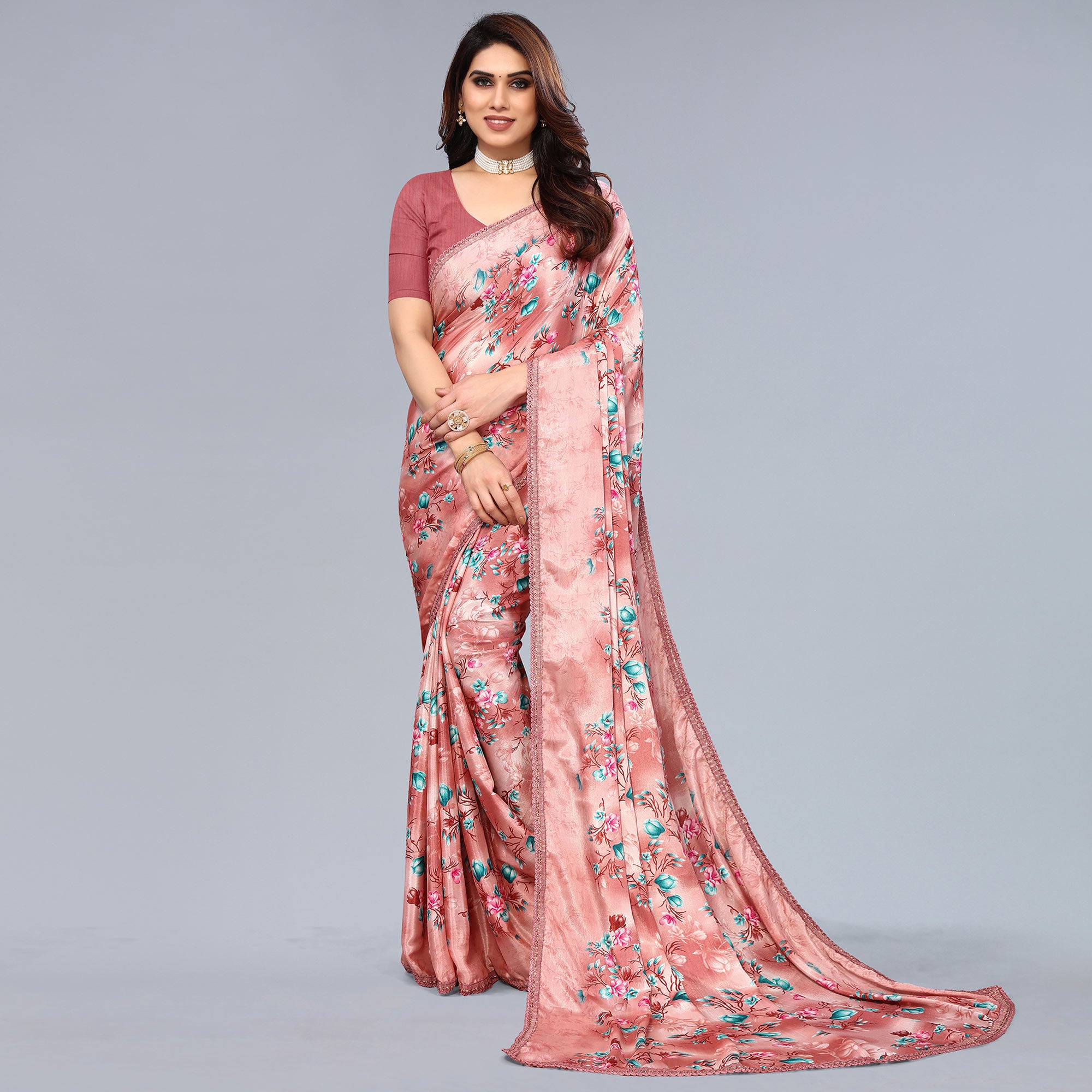 Peach Floral Printed Art Silk Saree With Crochet Border