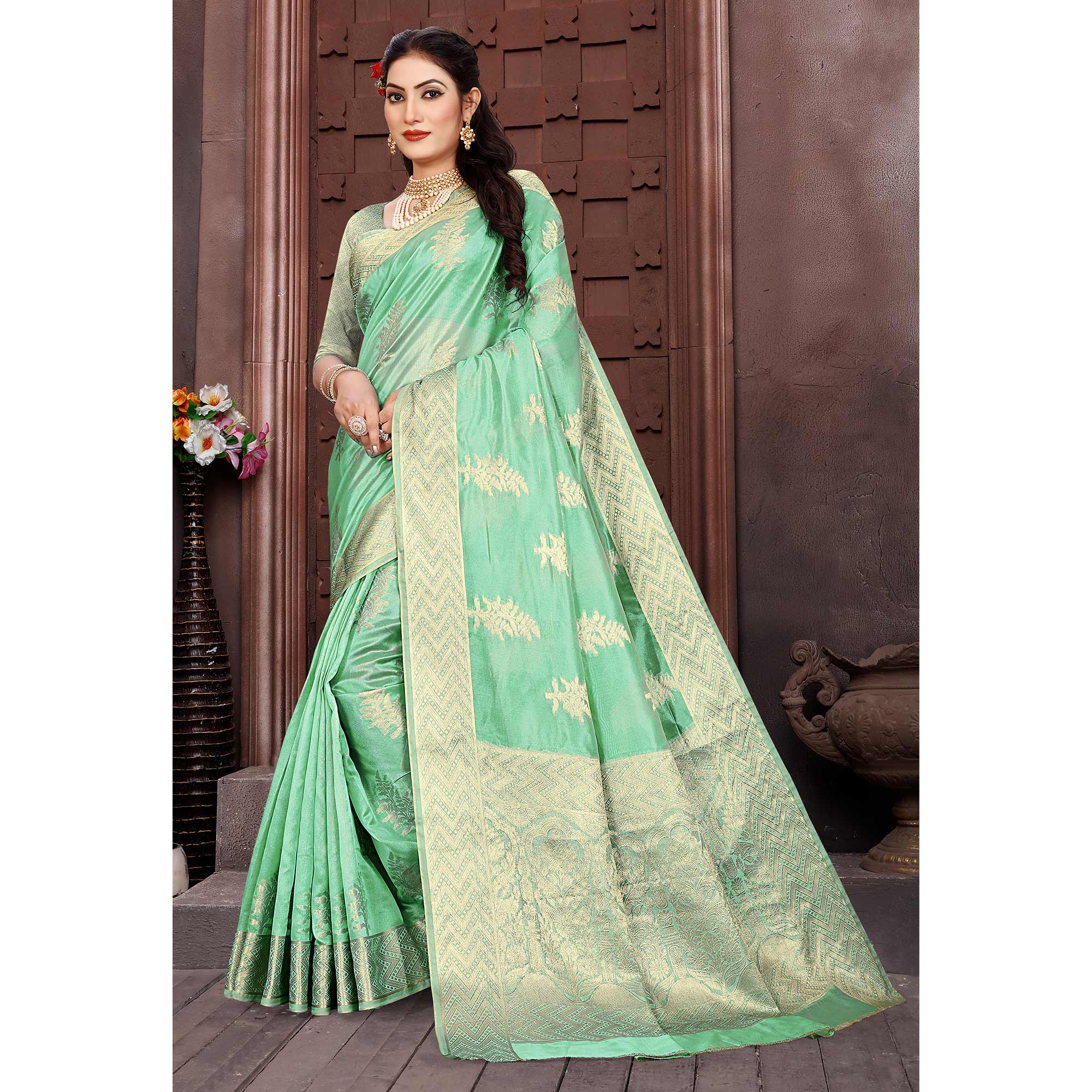 Sea Green Floral Woven Organza Saree