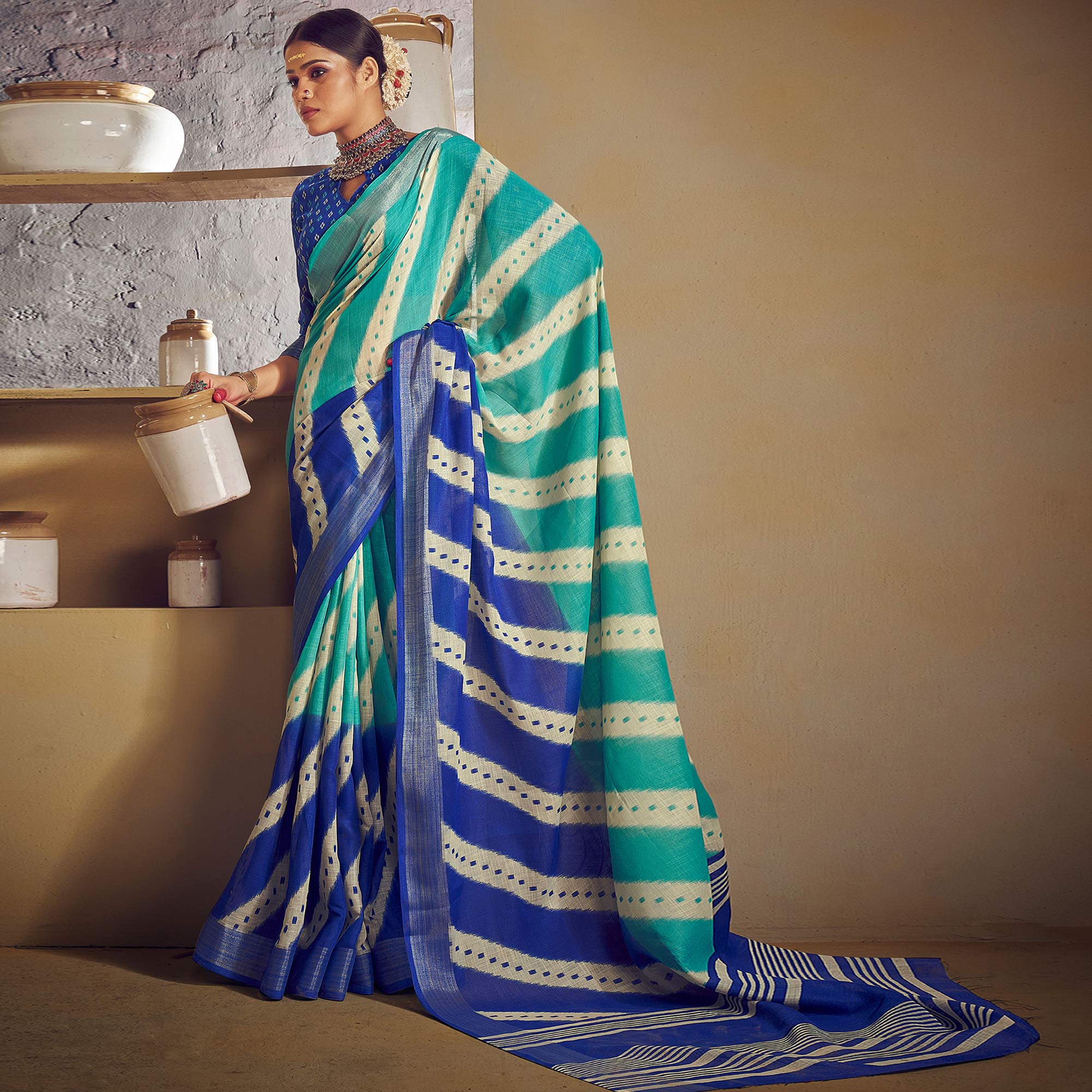 Rama Green & Blue Printed With Zari Border Linen Saree