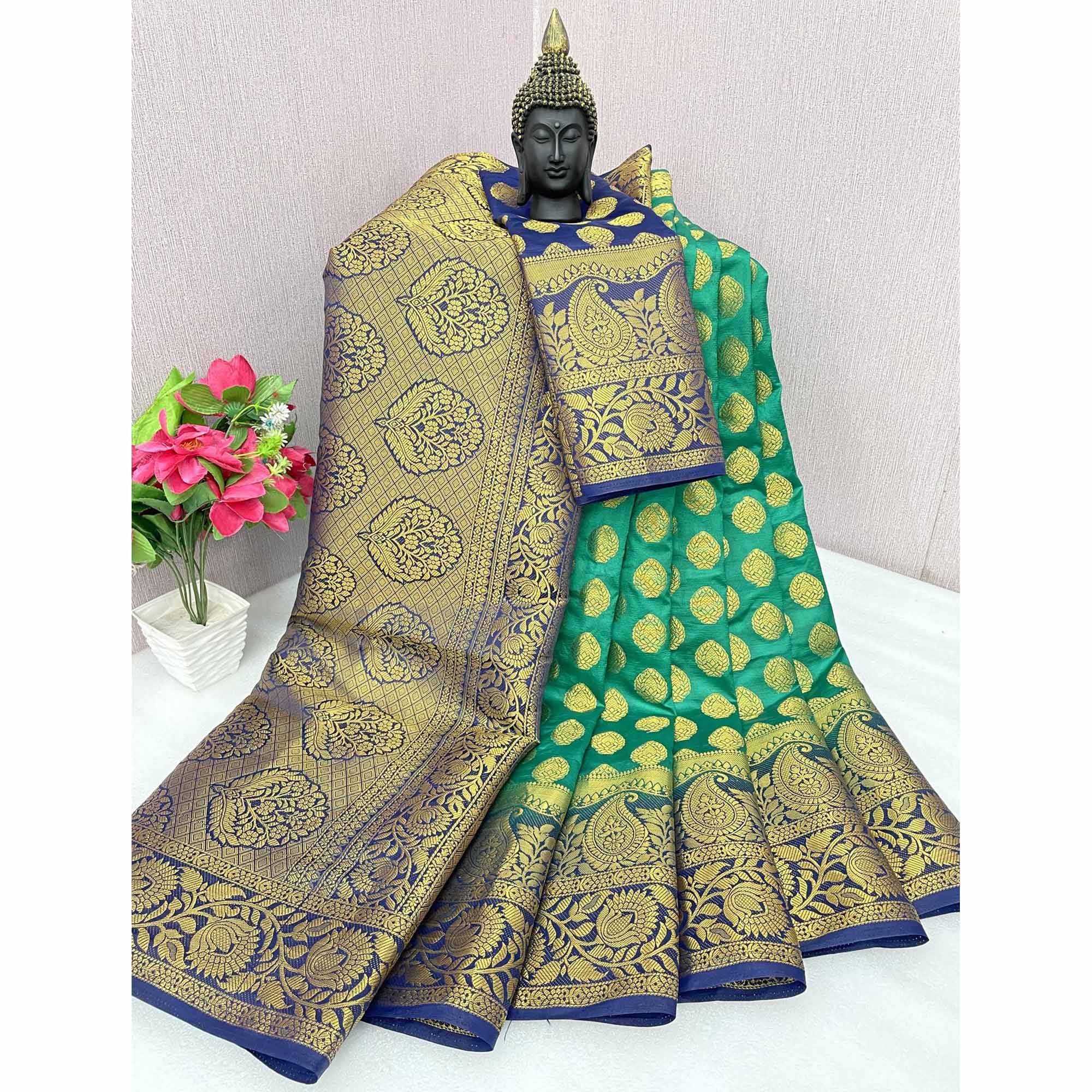 Rama Green Woven Banarasi Silk Saree