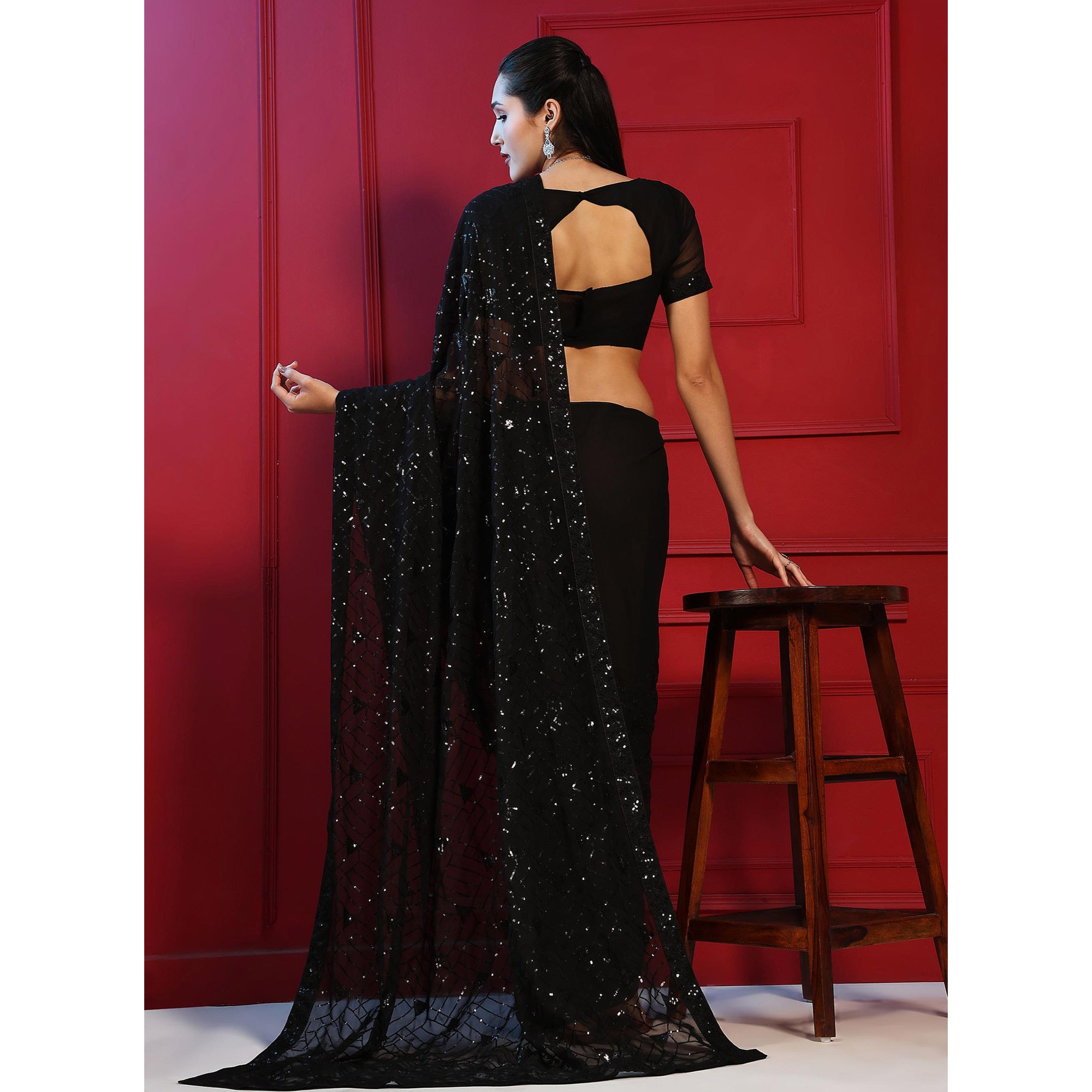 Black Sequins Embroidered Georgette Saree