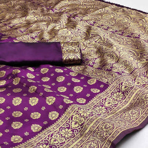 Purple Woven Jacquard Saree With Tassels