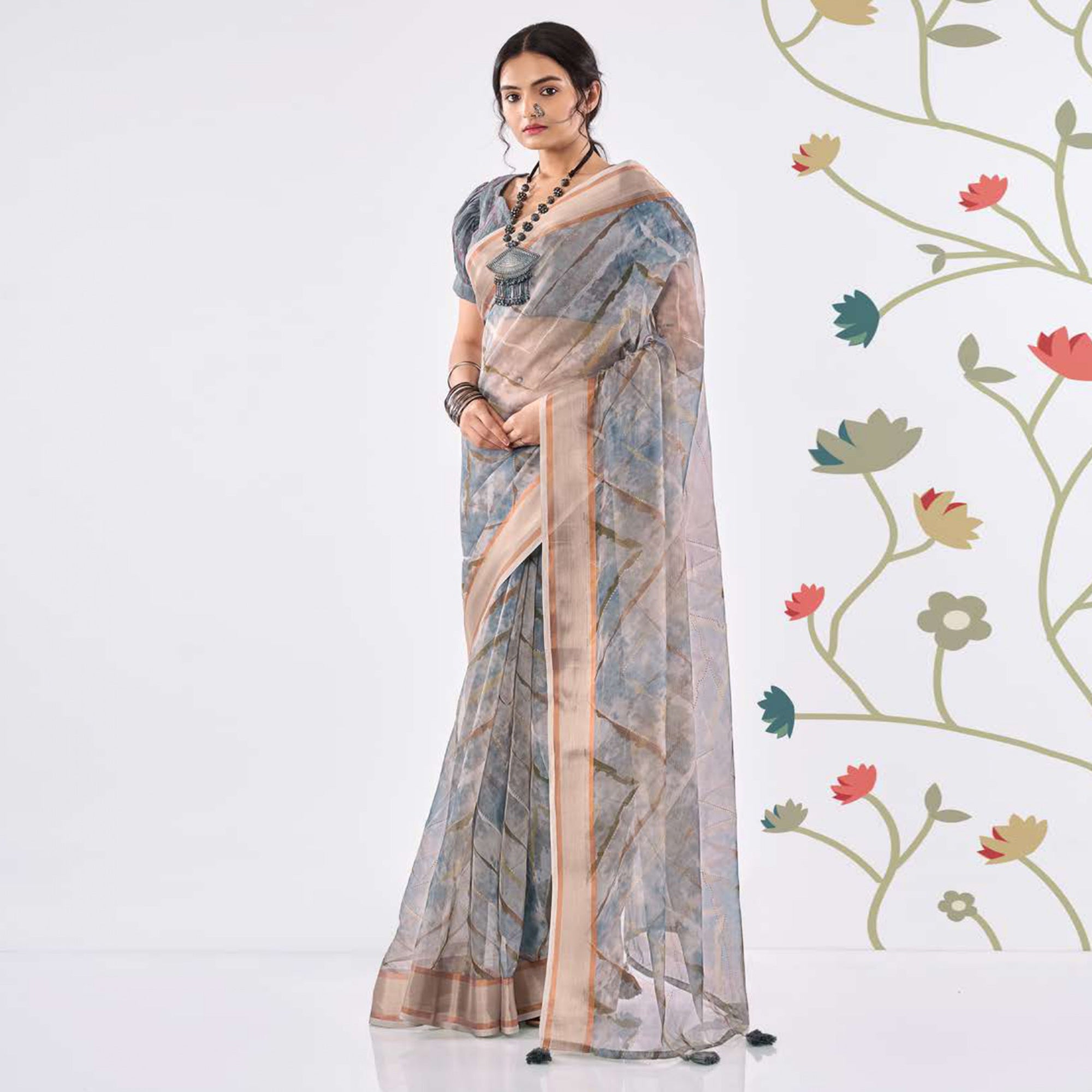 Grey Printed Organza Saree With Woven Border