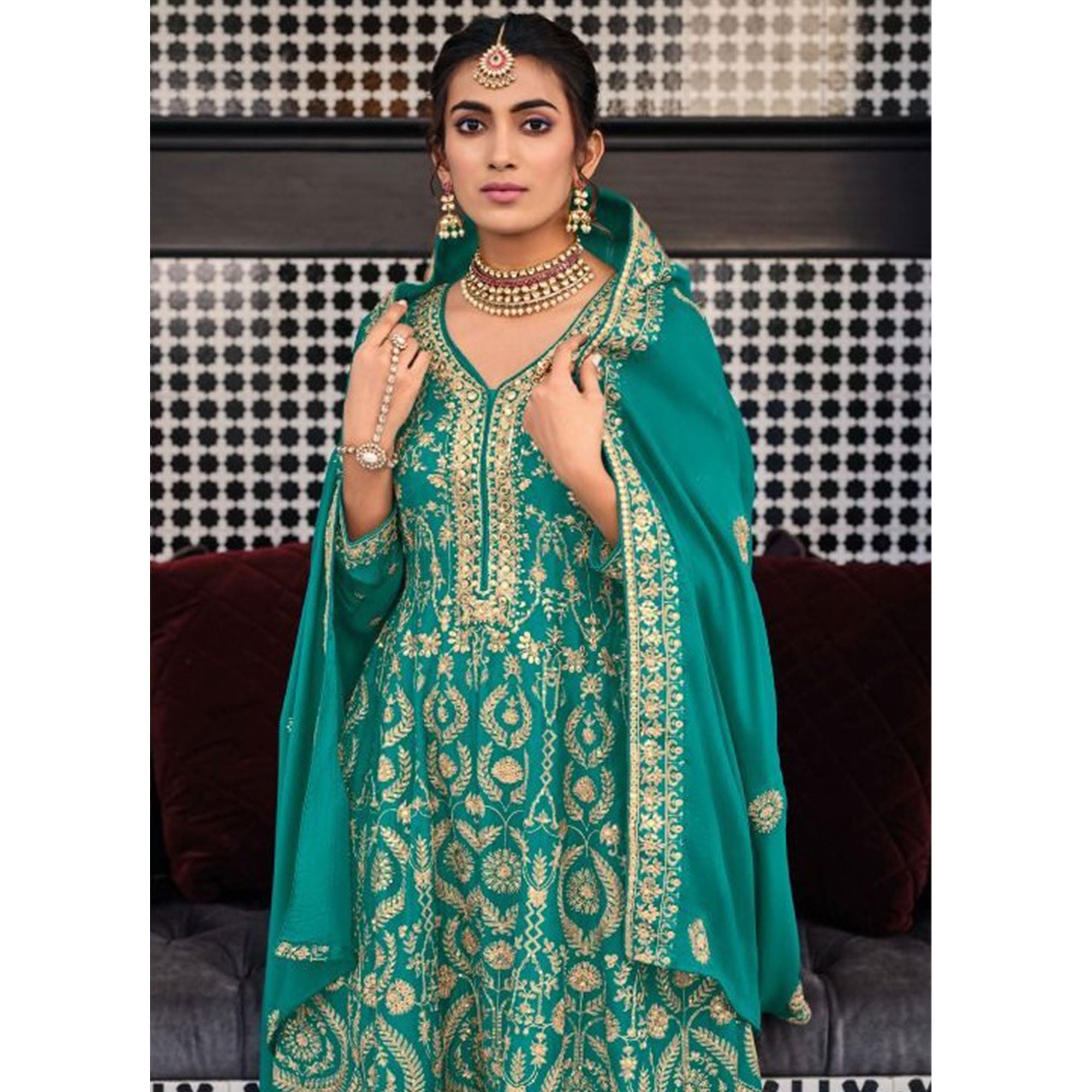 Sea Blue Floral Embroidered Georgette Sharara Suit