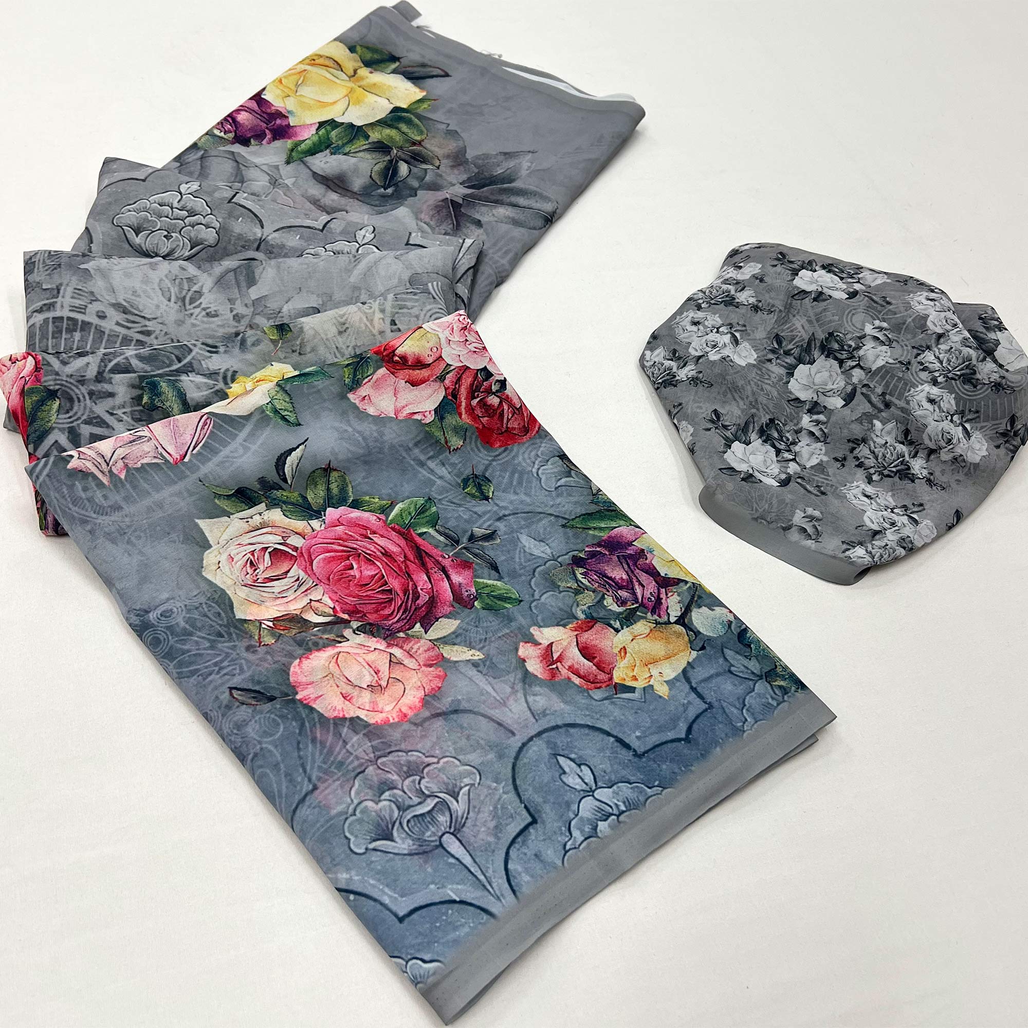 Grey Digital Floral Printed Georgette Saree